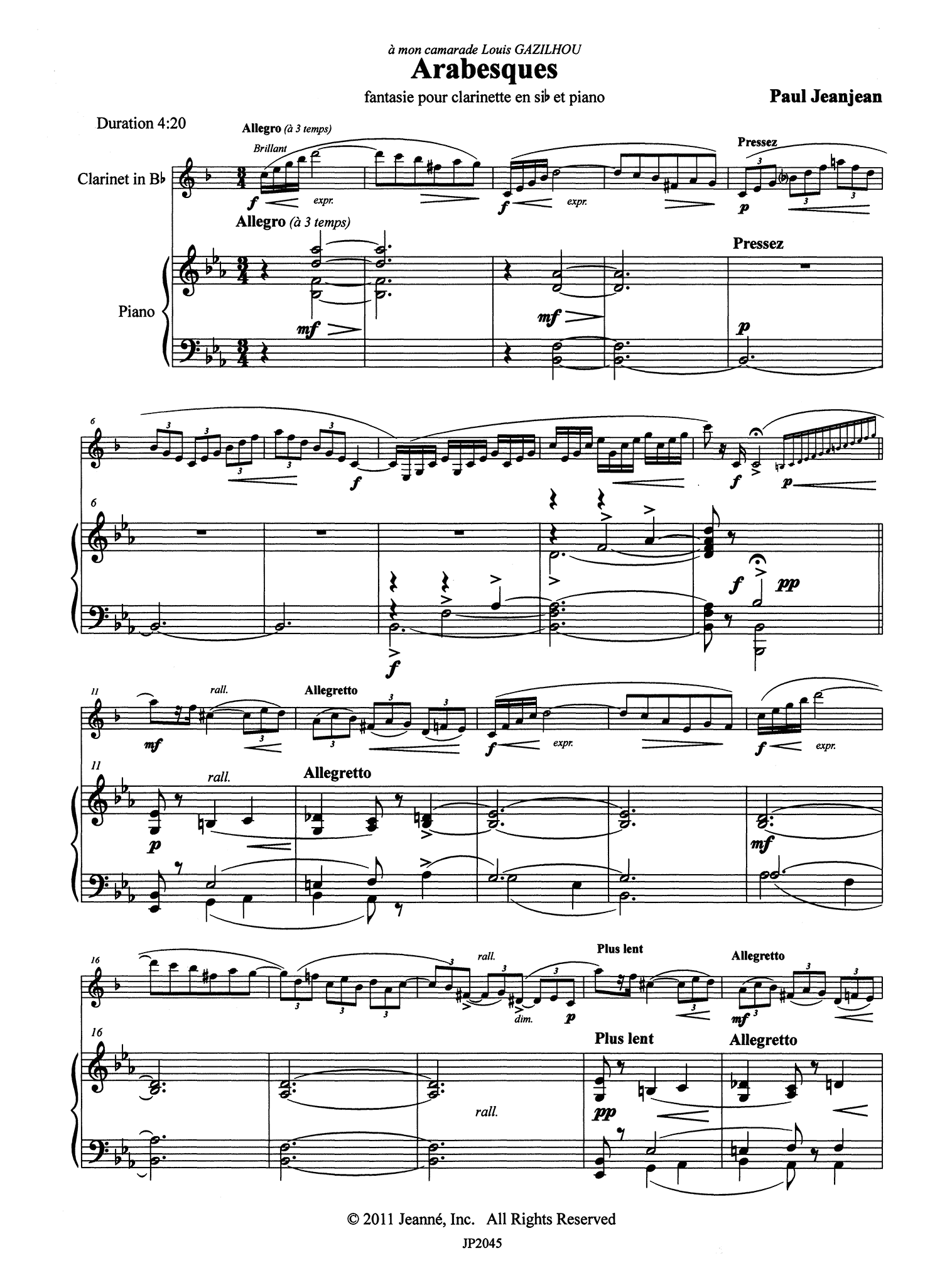 Jeanjean Arabesques clarinet piano score