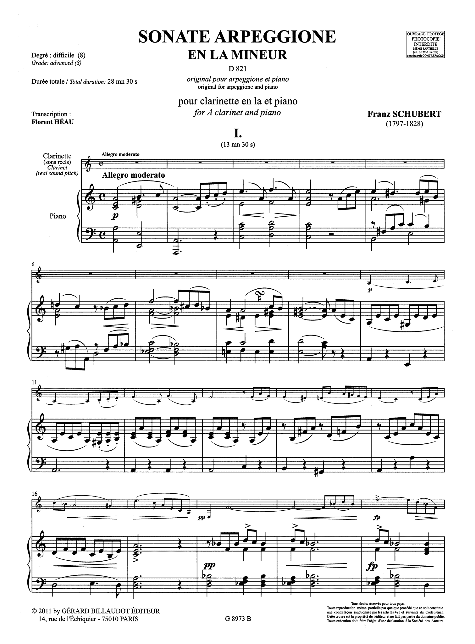 Schubert Arpeggione Sonata clarinet transcription Billaudot - Movement 1