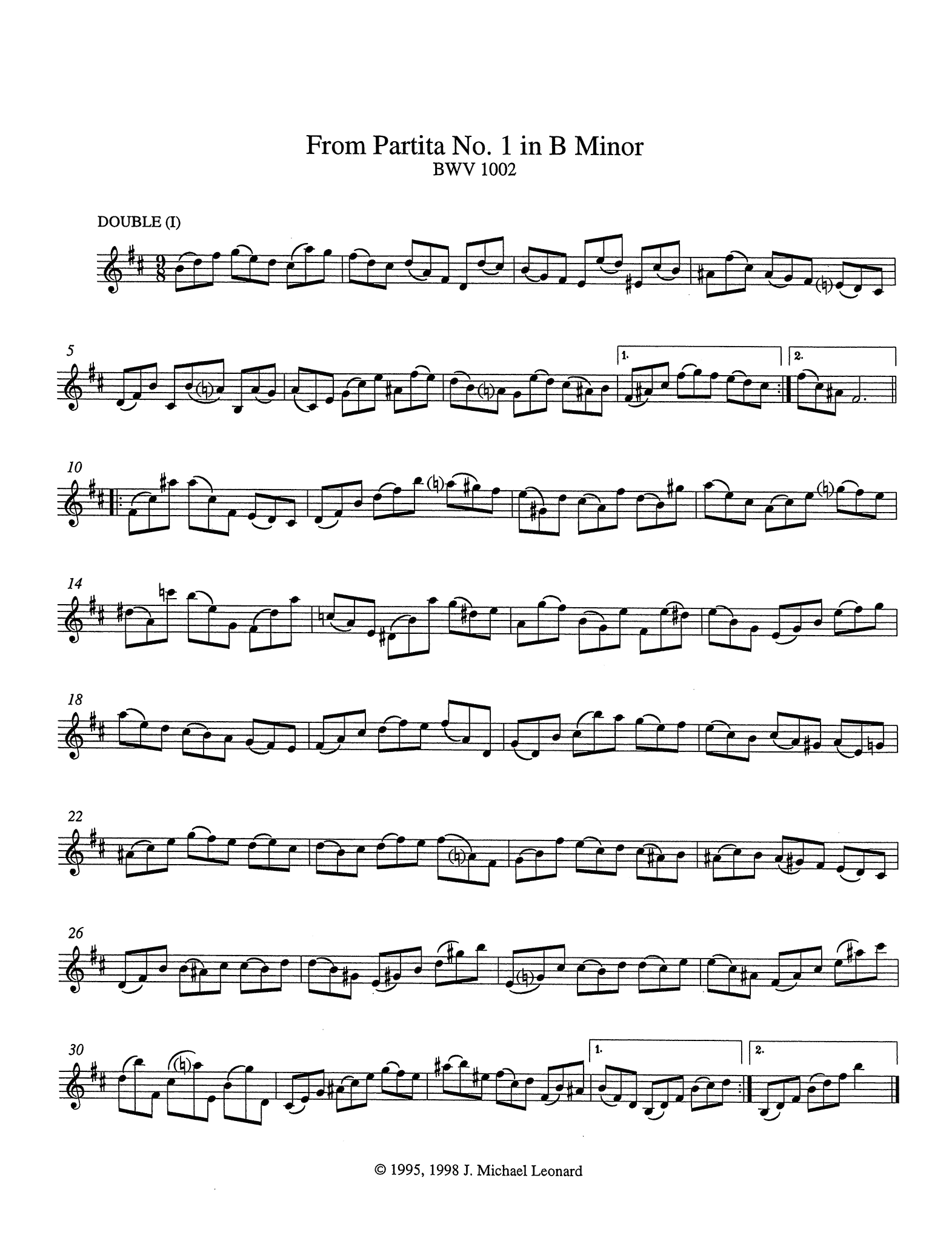 Bach Partita No. 1 BWV 1002 arranged for clarinet