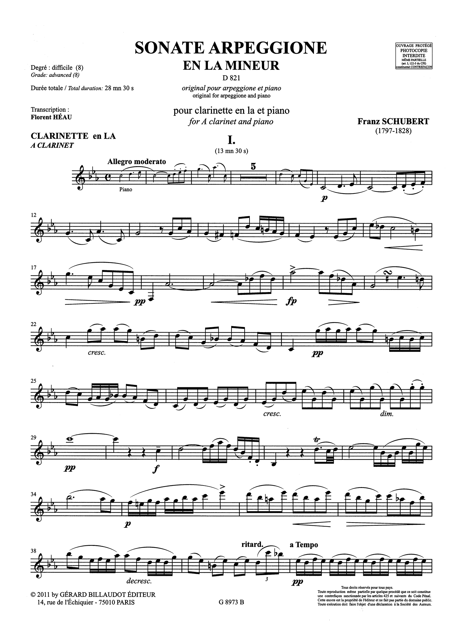 Schubert Arpeggione Sonata clarinet transcription Billaudot solo part