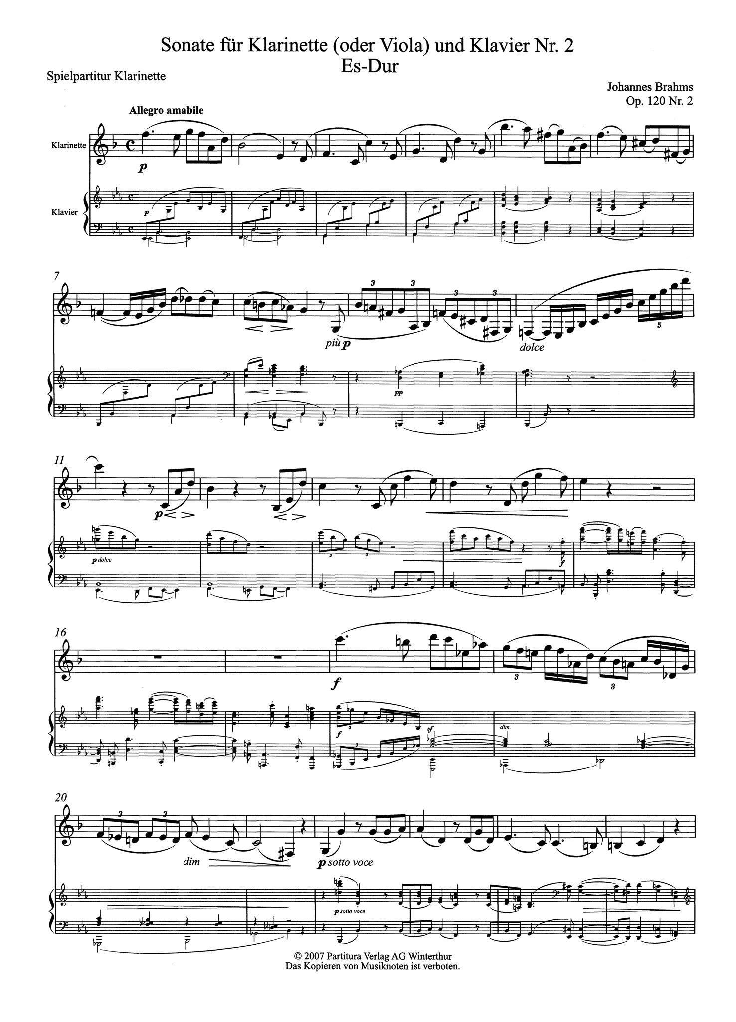 Sonata in E-flat Major, Op. 120 No. 2 Clarinet Score
