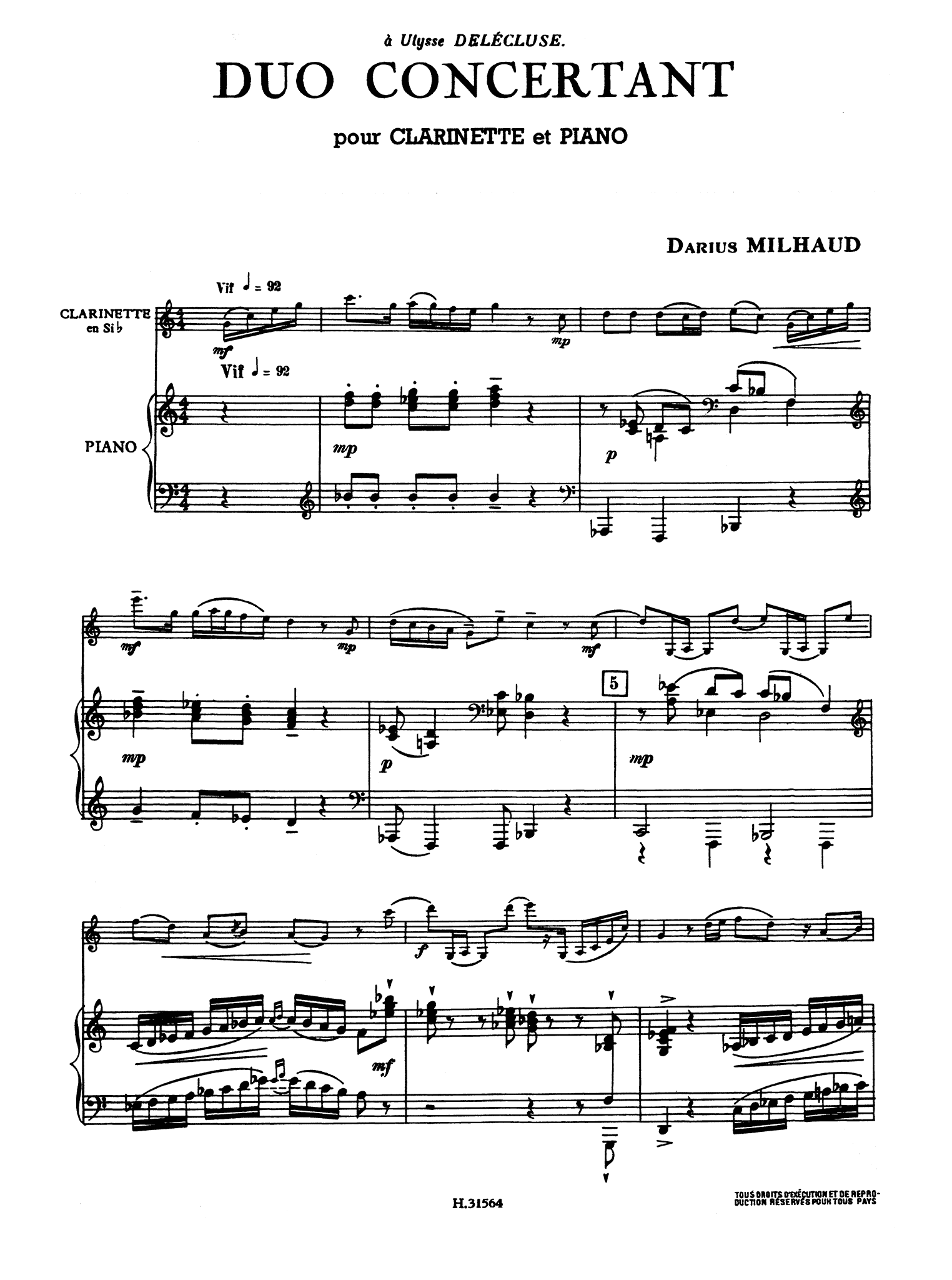 Milhaud Duo Concertant, Op. 351 score