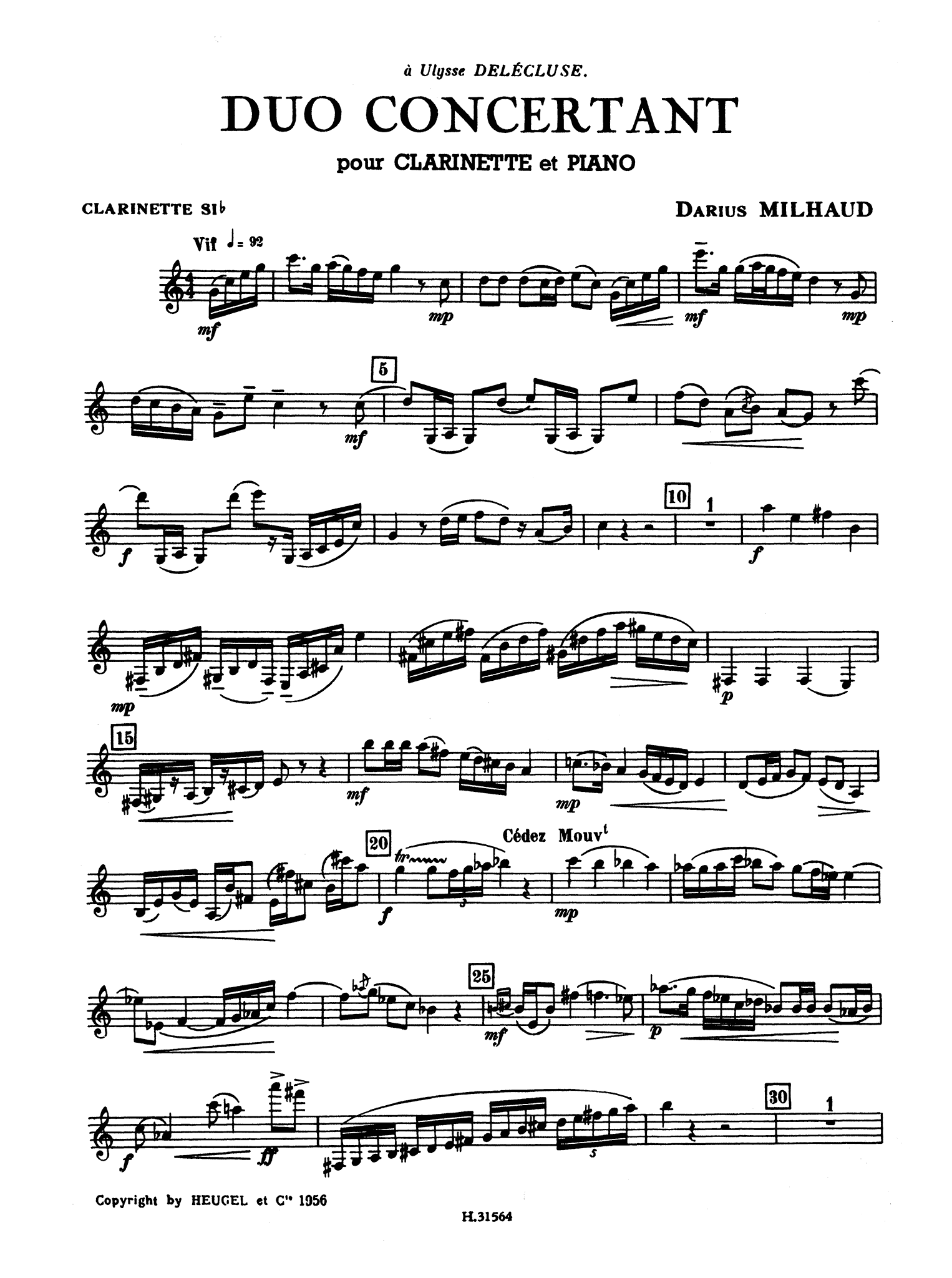 Milhaud Duo Concertant, Op. 351 clarinet part