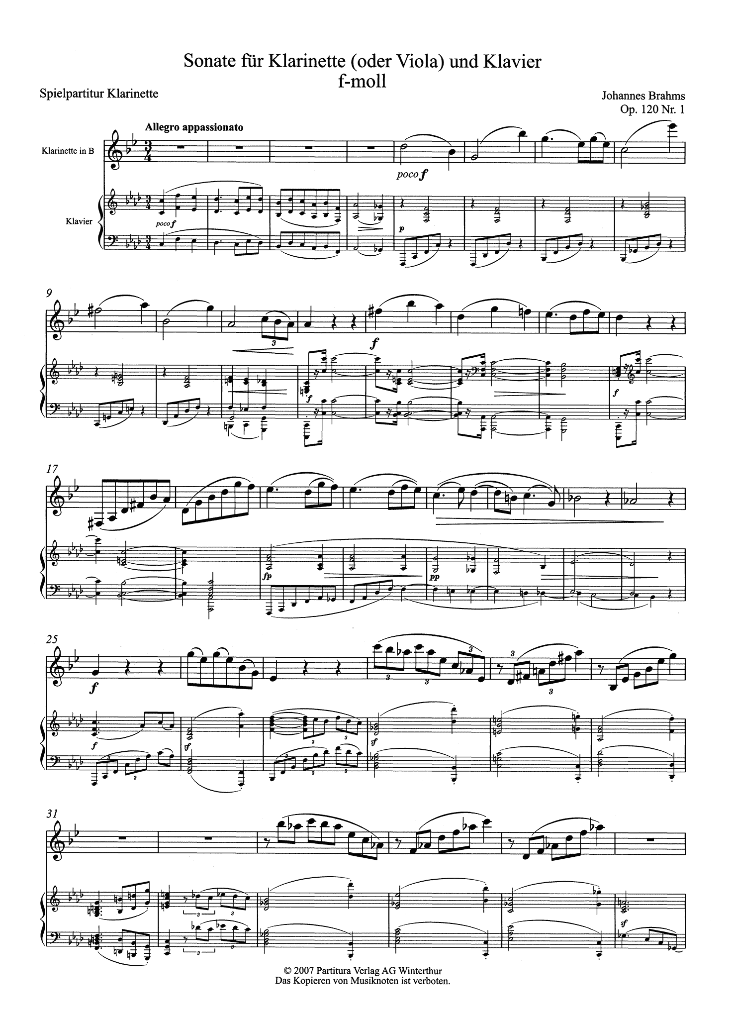 Sonata in F Minor, Op. 120 No. 1 Clarinet score
