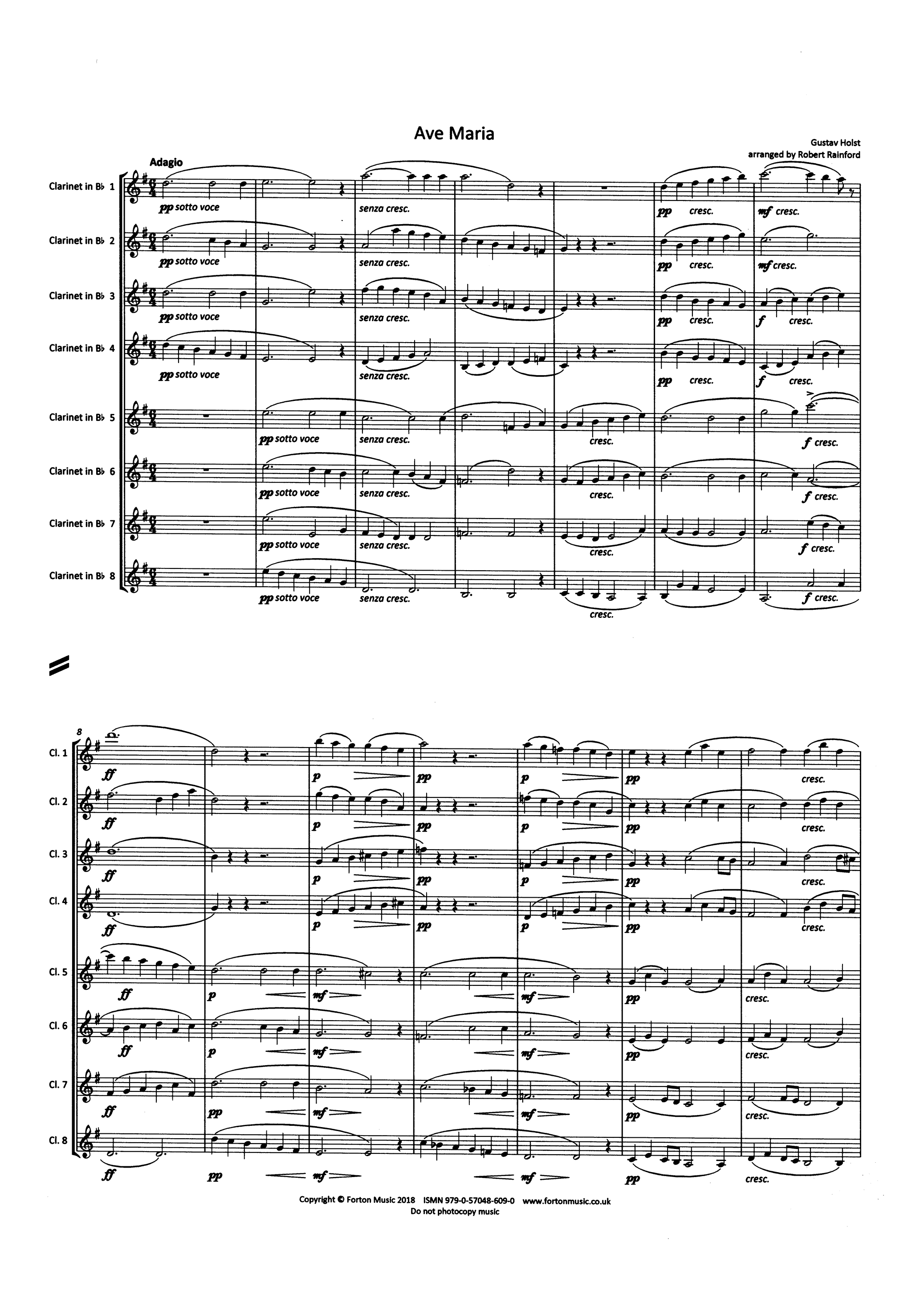 Holst Ave Maria, Op. 9b clarinet octet arrangement score
