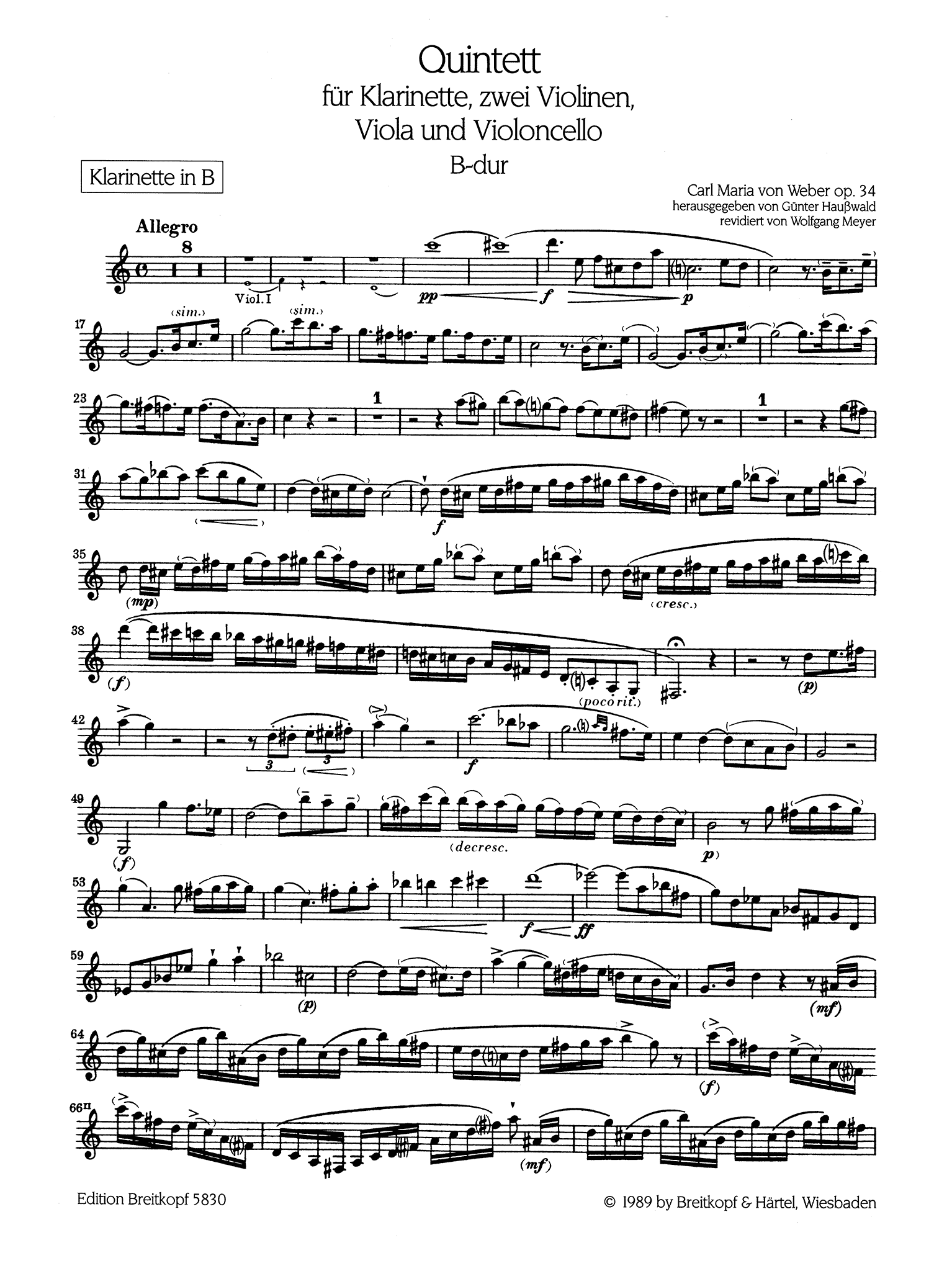 Clarinet Quintet, Op. 34, J. 182 Clarinet part