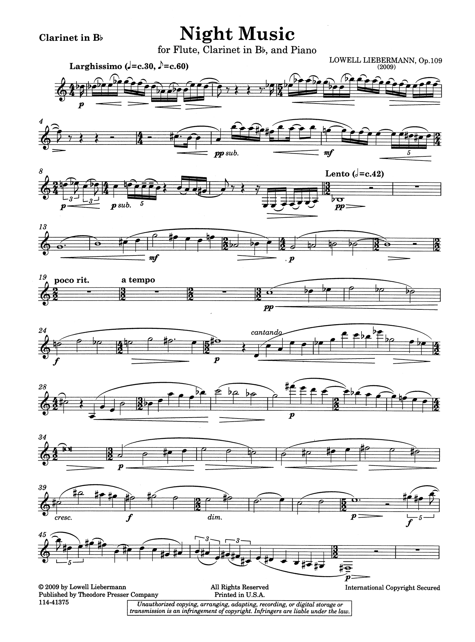 Night Music, Op. 109 Clarinet part