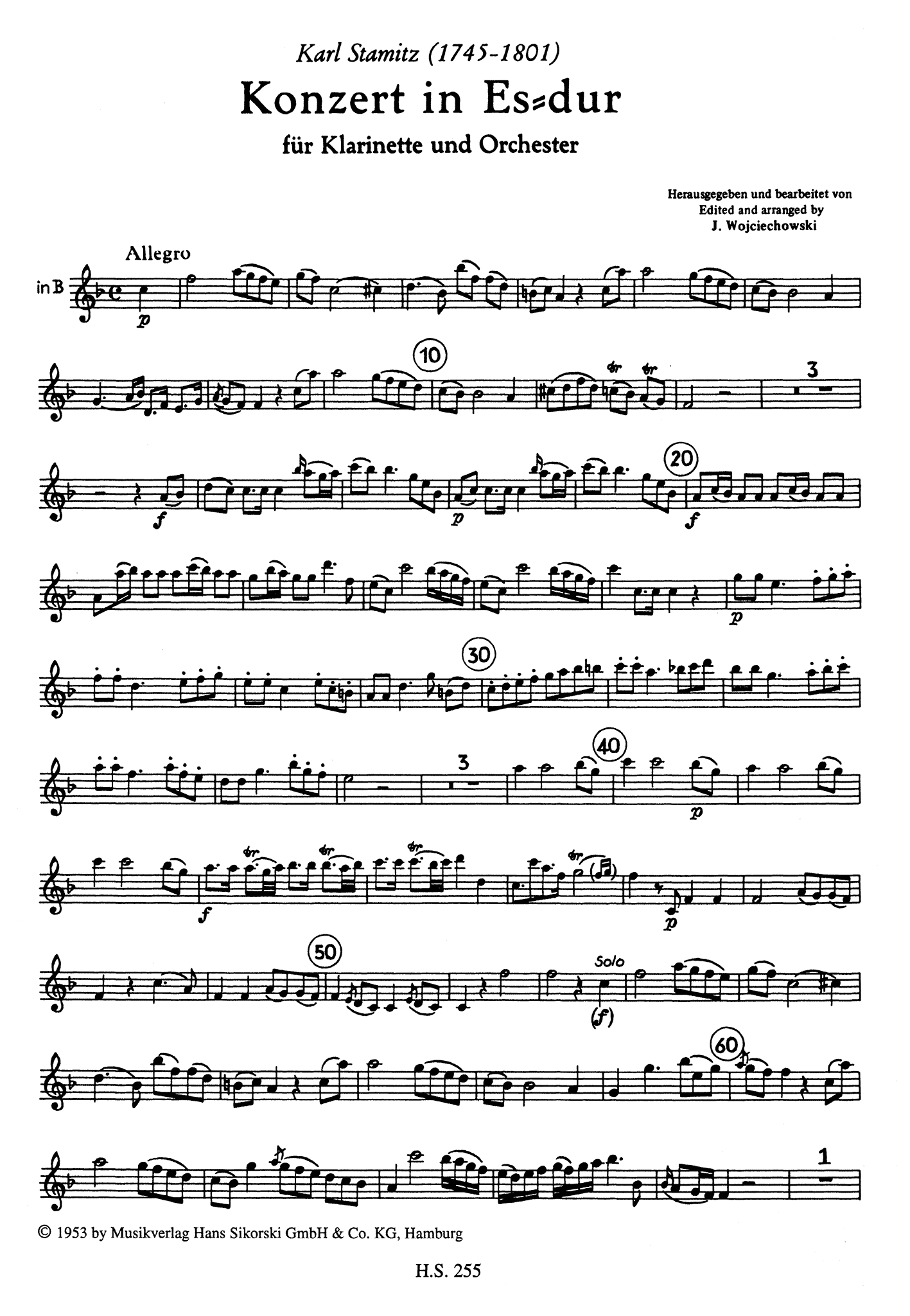Carl Stamitz Clarinet Concerto No. 11 (Kaiser) in E-flat Major solo part
