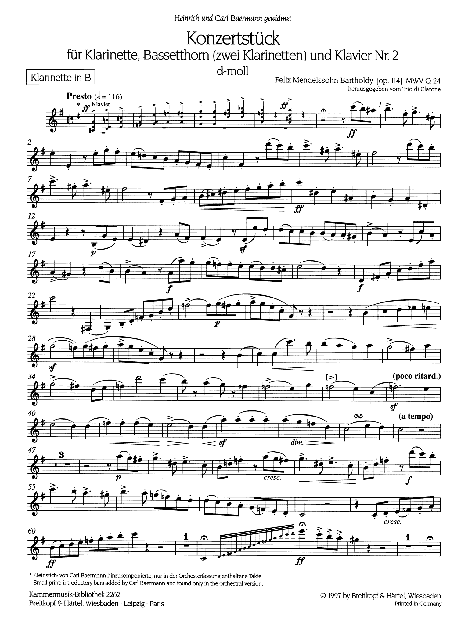 Concertpiece No. 2 in D Minor, Op. 114 First Clarinet solo part