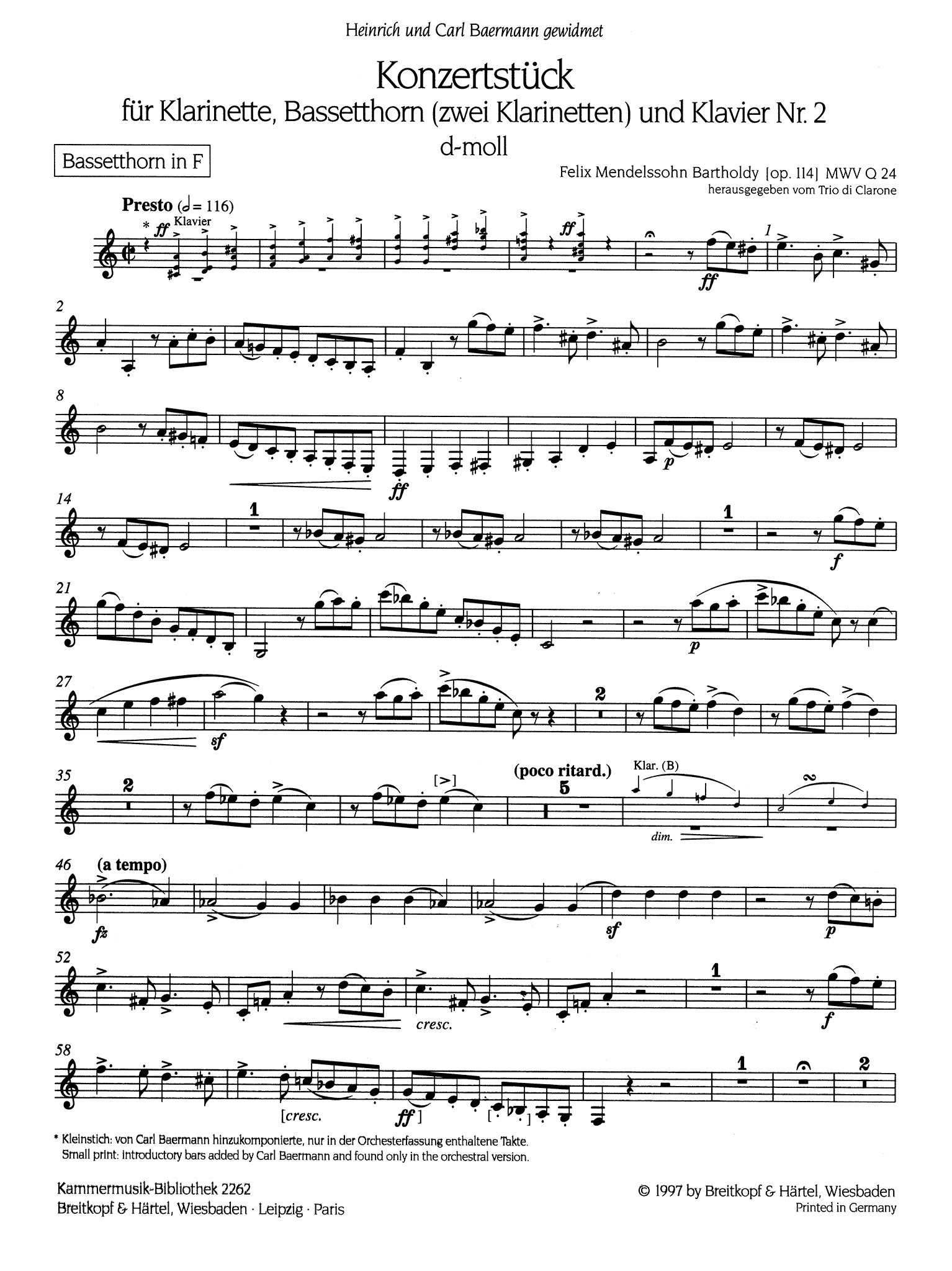 Concertpiece No. 2 in D Minor, Op. 114 Basset Horn solo part