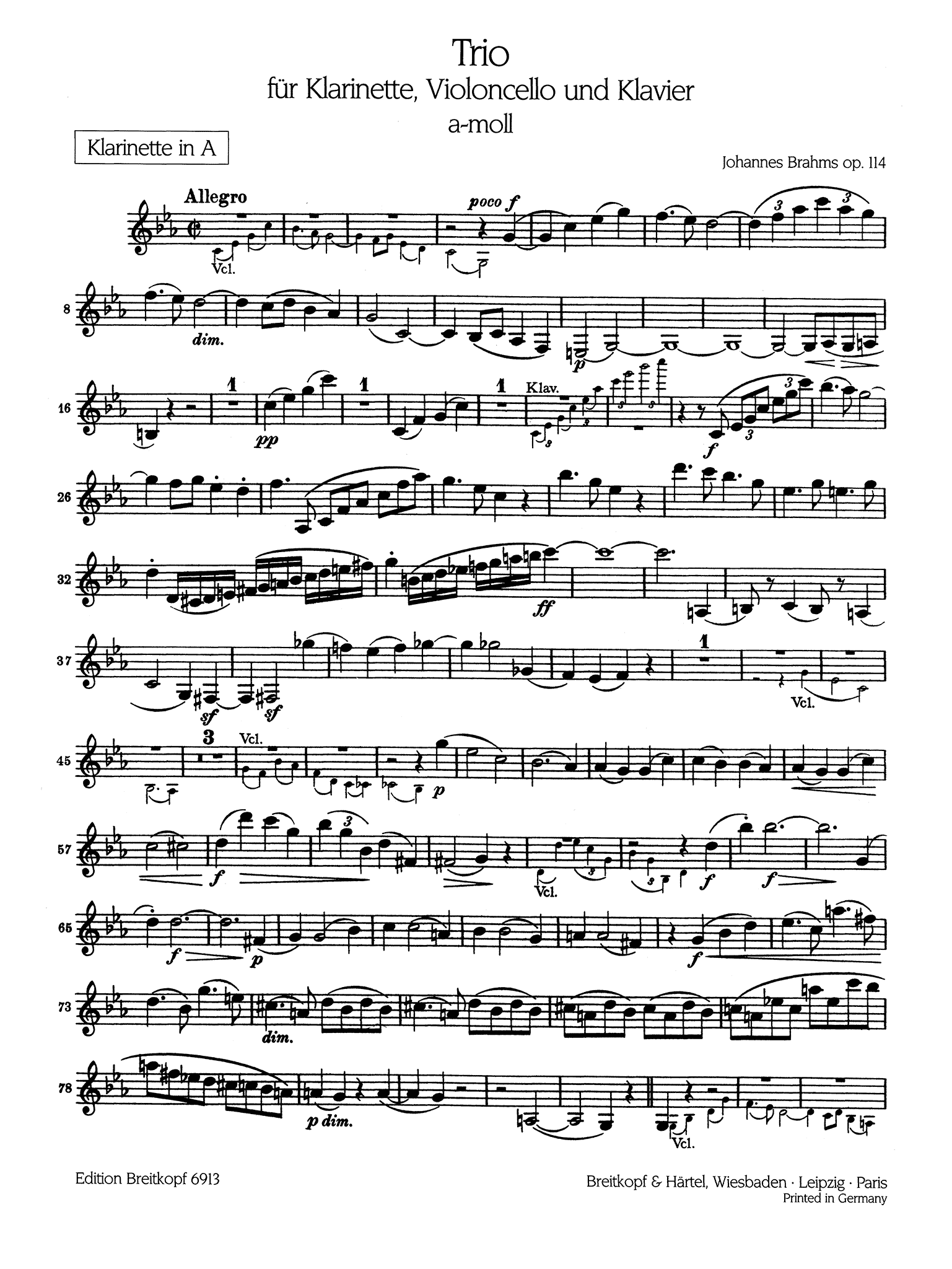 Clarinet Trio in A Minor, Op. 114 Clarinet part