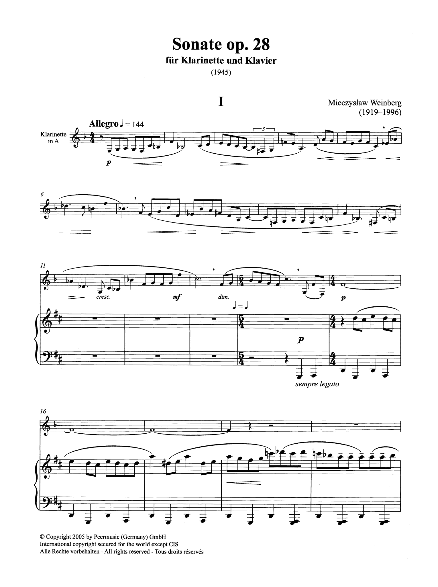 Mieczysław Weinberg Sonata Clarinet & Piano, Op. 28 - Movement 1