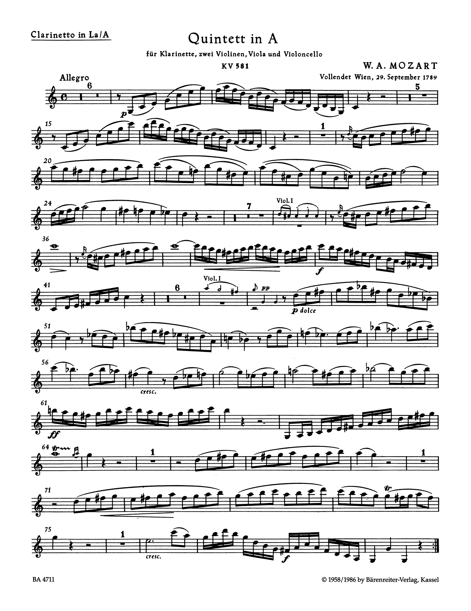 Clarinet Quintet, K. 581 Clarinet part