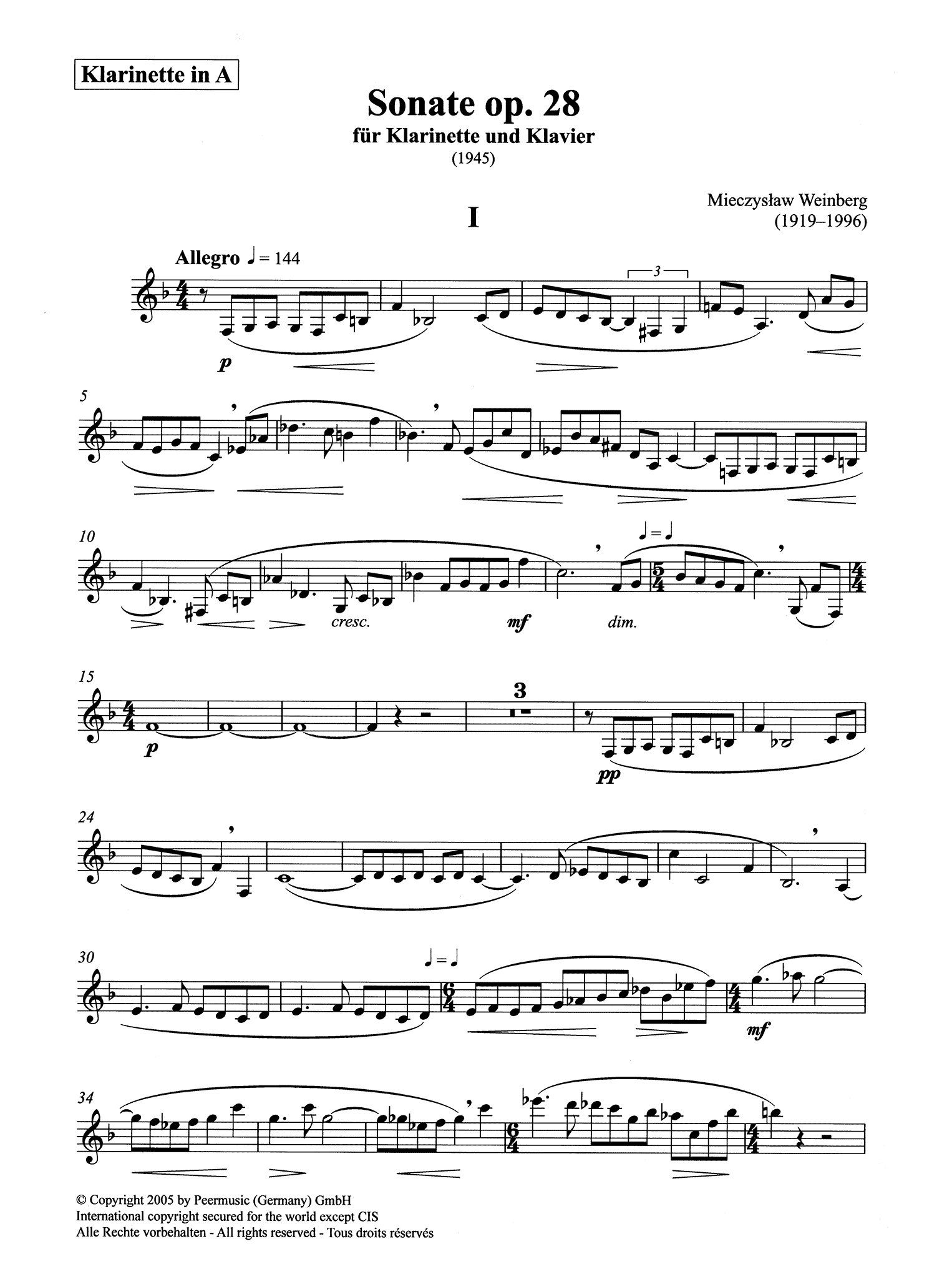 Mieczysław Weinberg Sonata Clarinet & Piano, Op. 28 solo part