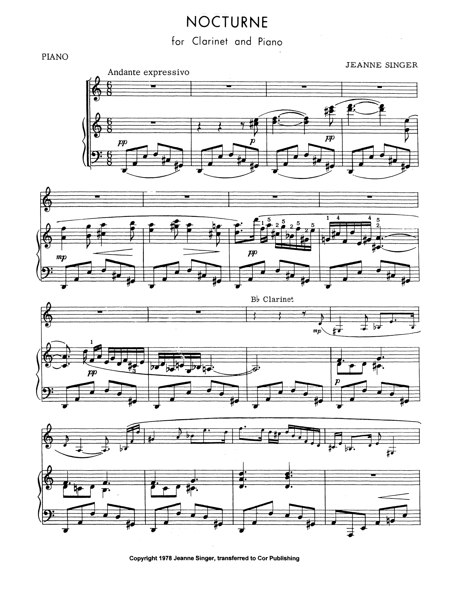 Jeanne Singer Nocturne clarinet and piano score