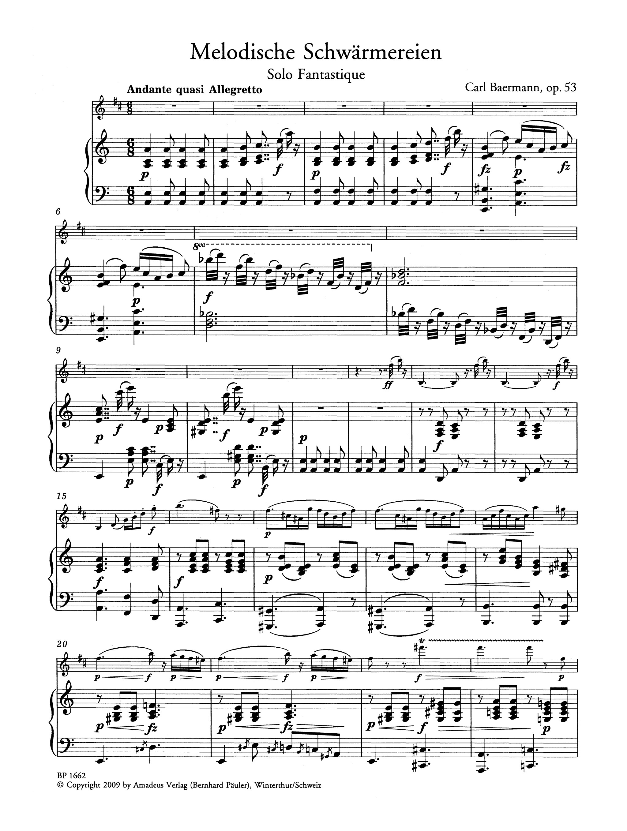 Carl Baermann Melodische Schwärmereien, Op. 53 clarinet and piano score