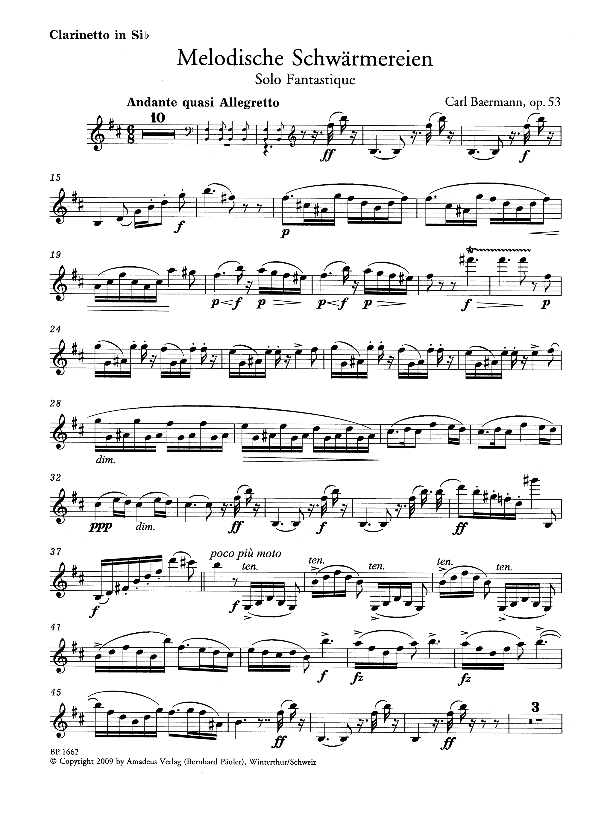 Carl Baermann Melodische Schwärmereien, Op. 53 clarinet and piano solo part