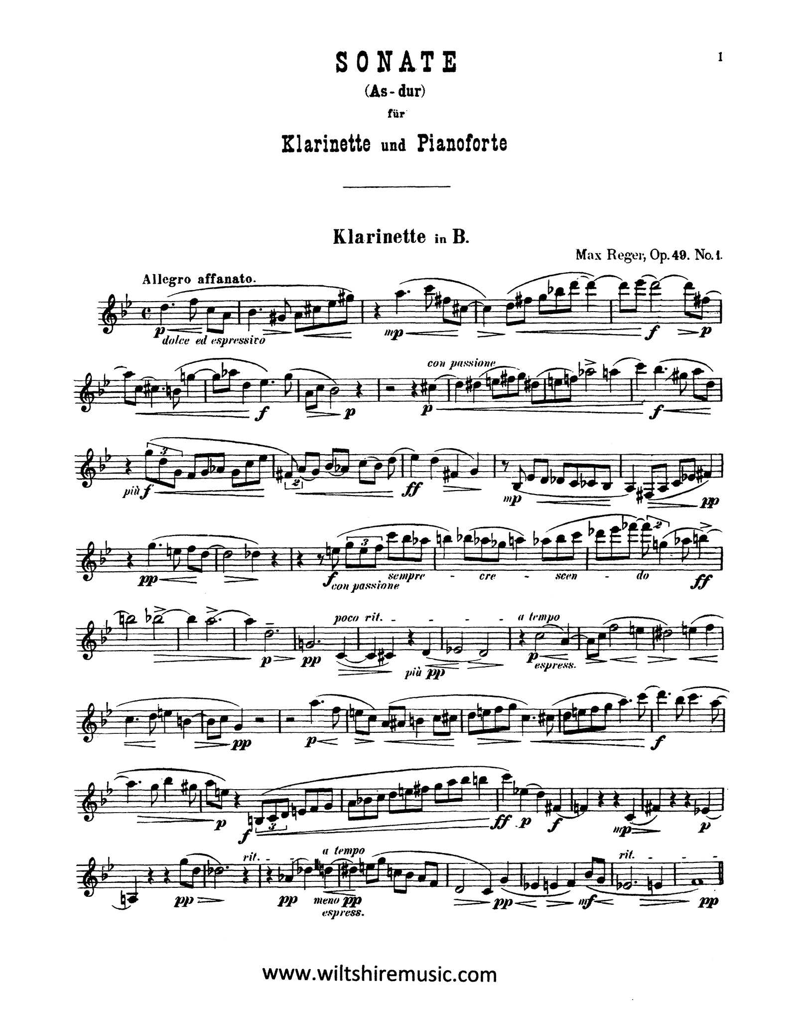 Reger Sonata in A-flat Major, Op. 49 No. 1 Clarinet part