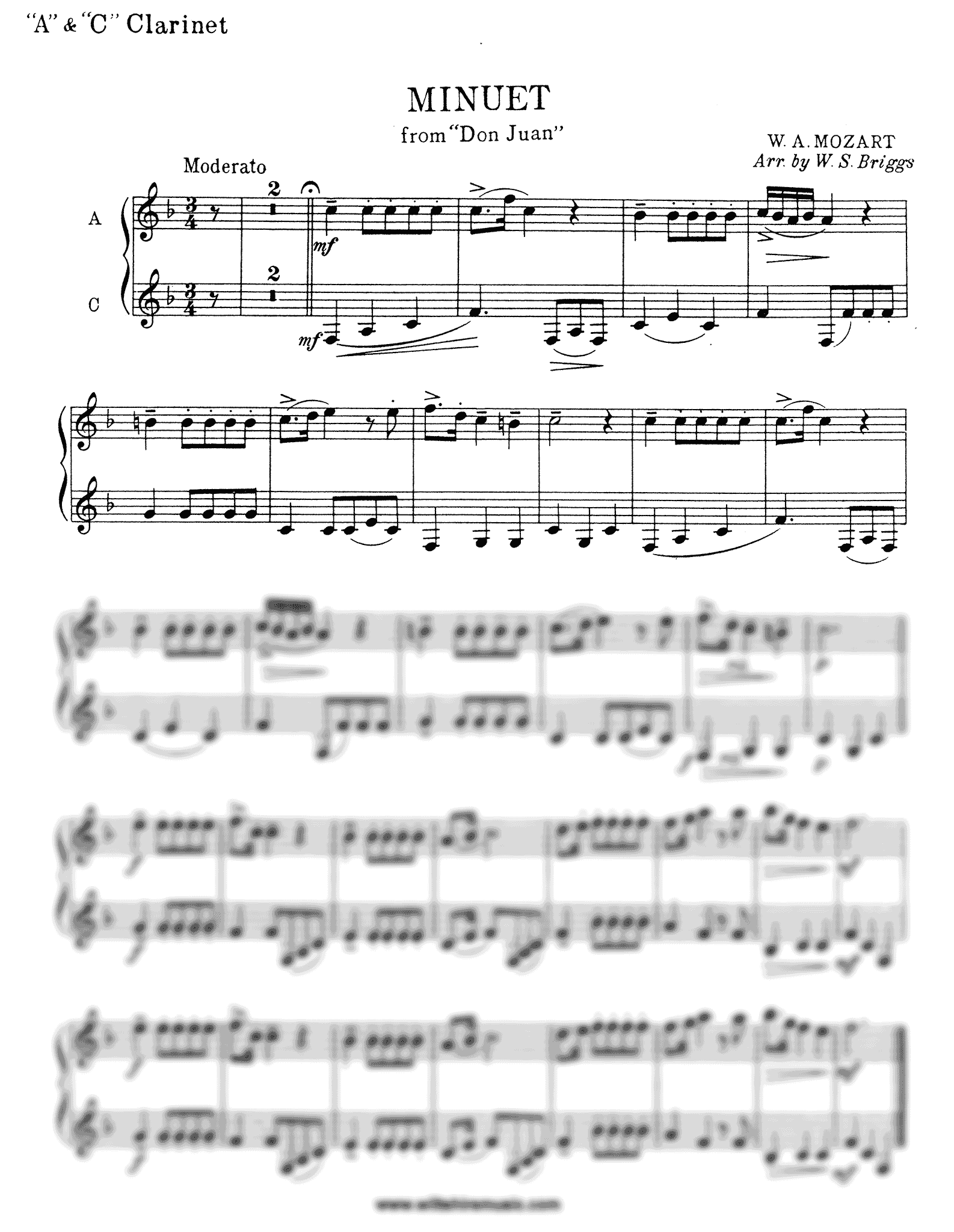 Mozart Minuet, from ‘Don Giovanni’ Act I Scene 20 Finale three clarinets and piano arrangement parts A and C