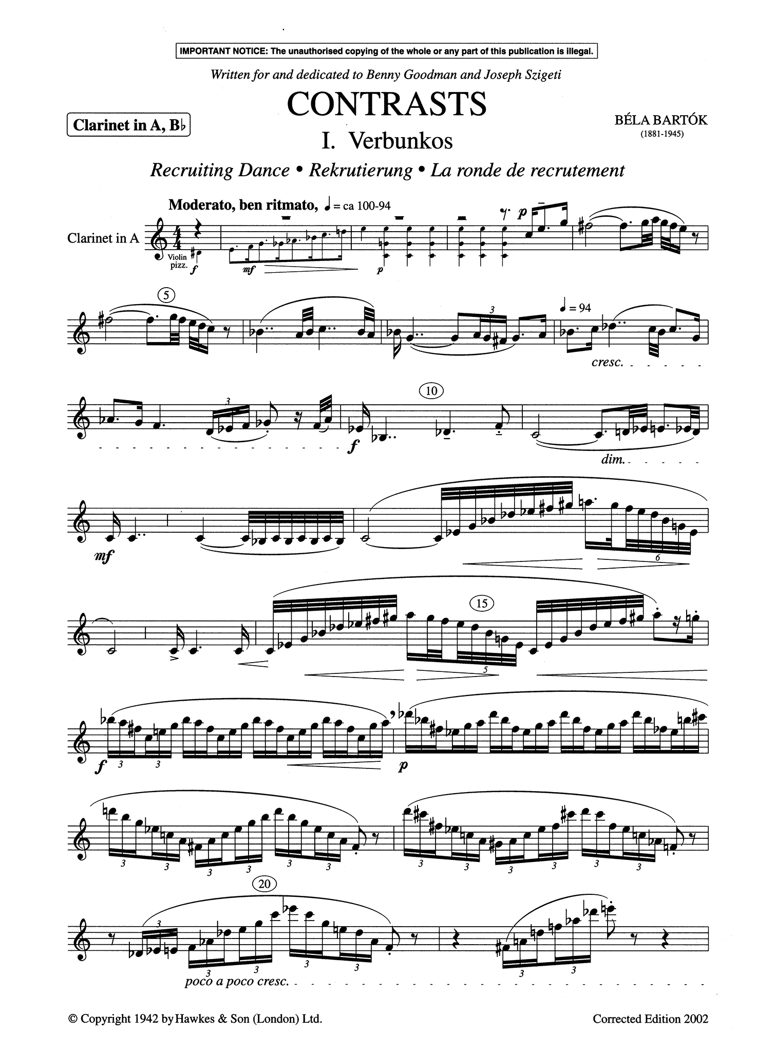 Bartók, Béla: Contrasts, BB 116, for Violin, Clarinet Bartók, Béla: Contrasts, BB 116, for Violin, Clarinet