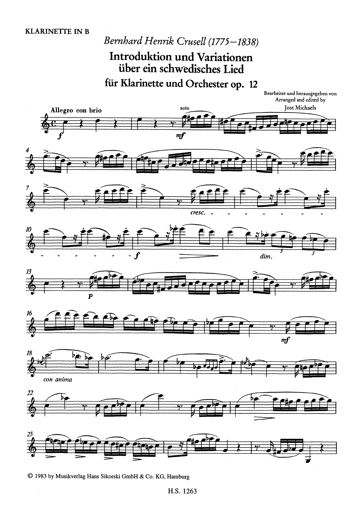 Crusell Introduction et Air suedois, Op. 12 Clarinet part