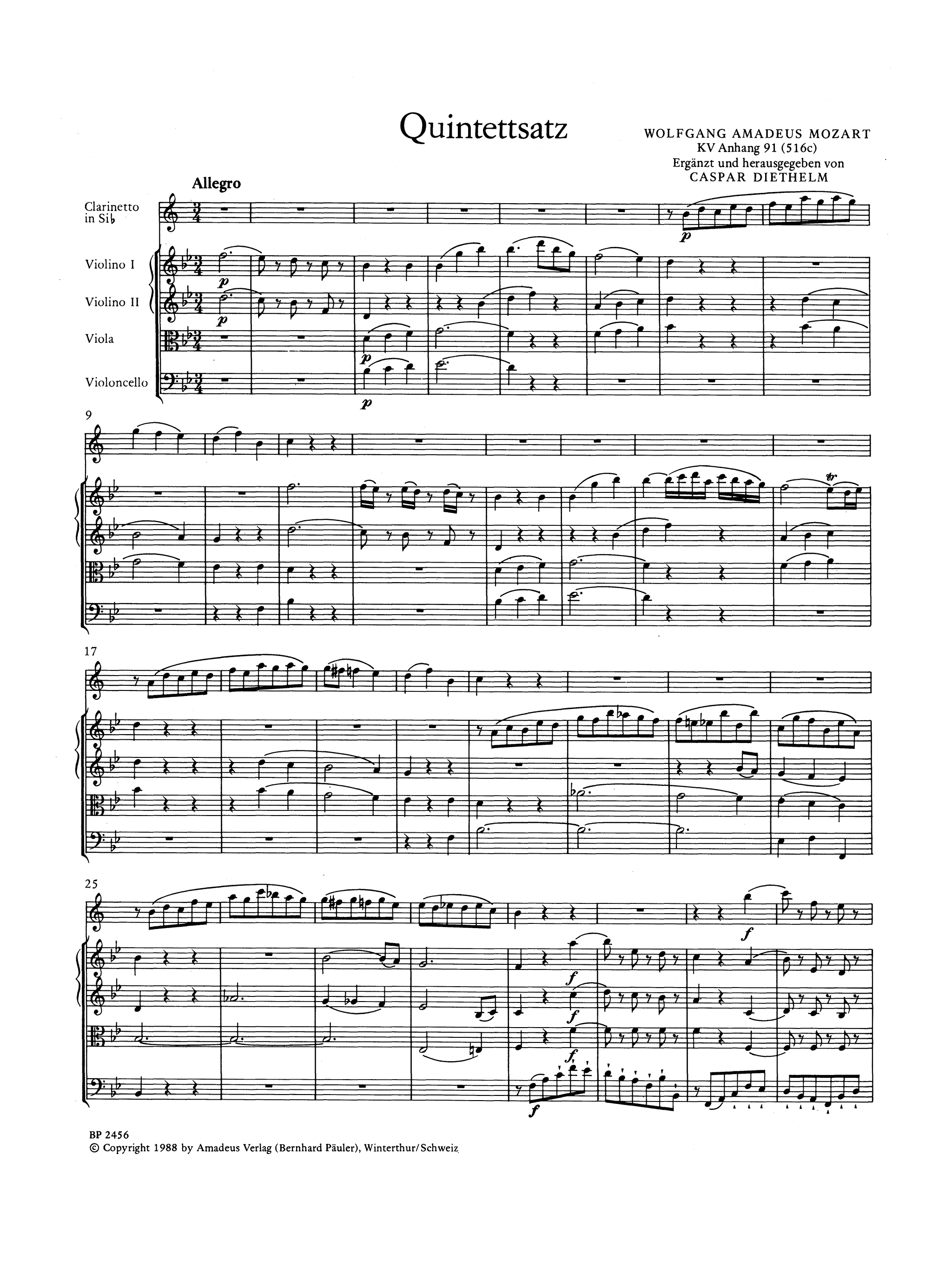 Mozart Clarinet Quintet in B-flat Major (fragment completed by Diethelm), K. Anh. 91/516c score