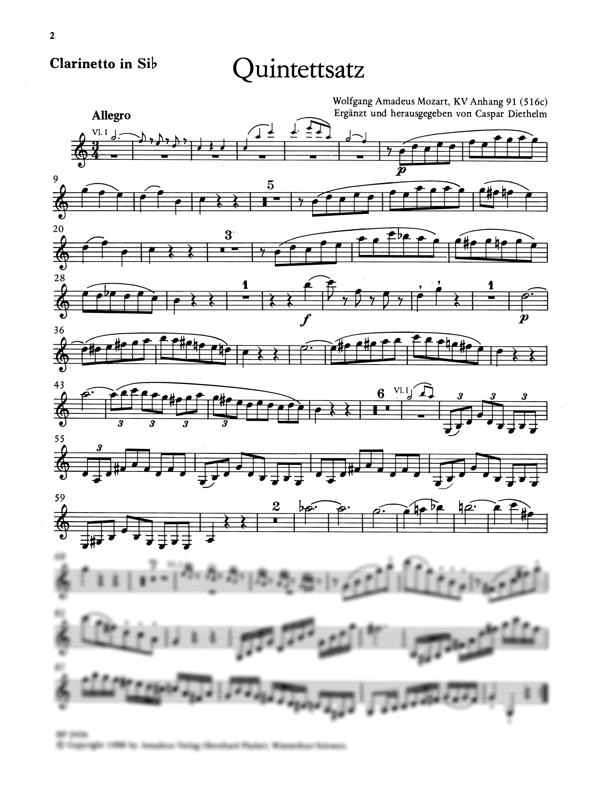 Mozart Clarinet Quintet in B-flat Major (fragment completed by Diethelm), K. Anh. 91/516c solo part