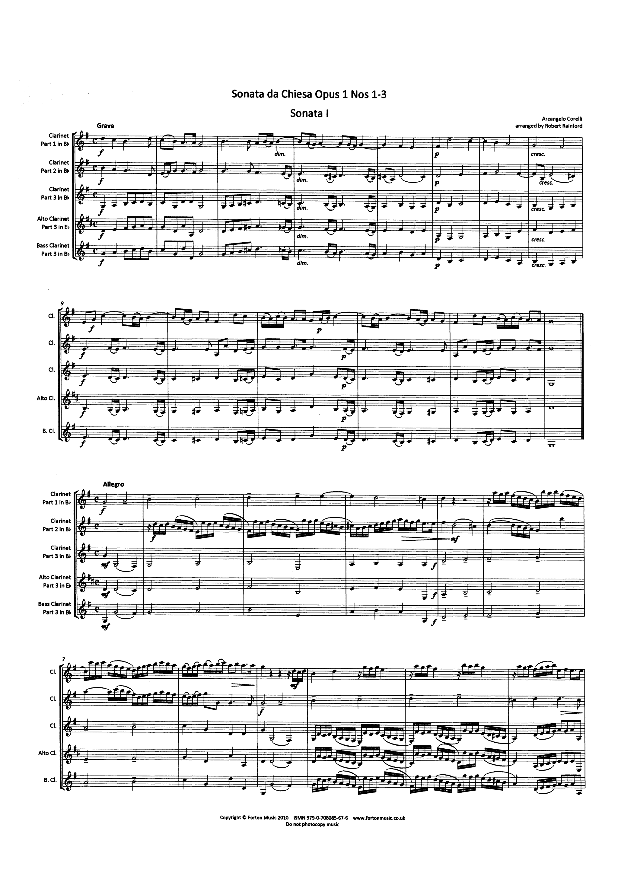 Corelli Trio Sonata in F Major, Op. 1 No. 1 3 clarinets arrangement score