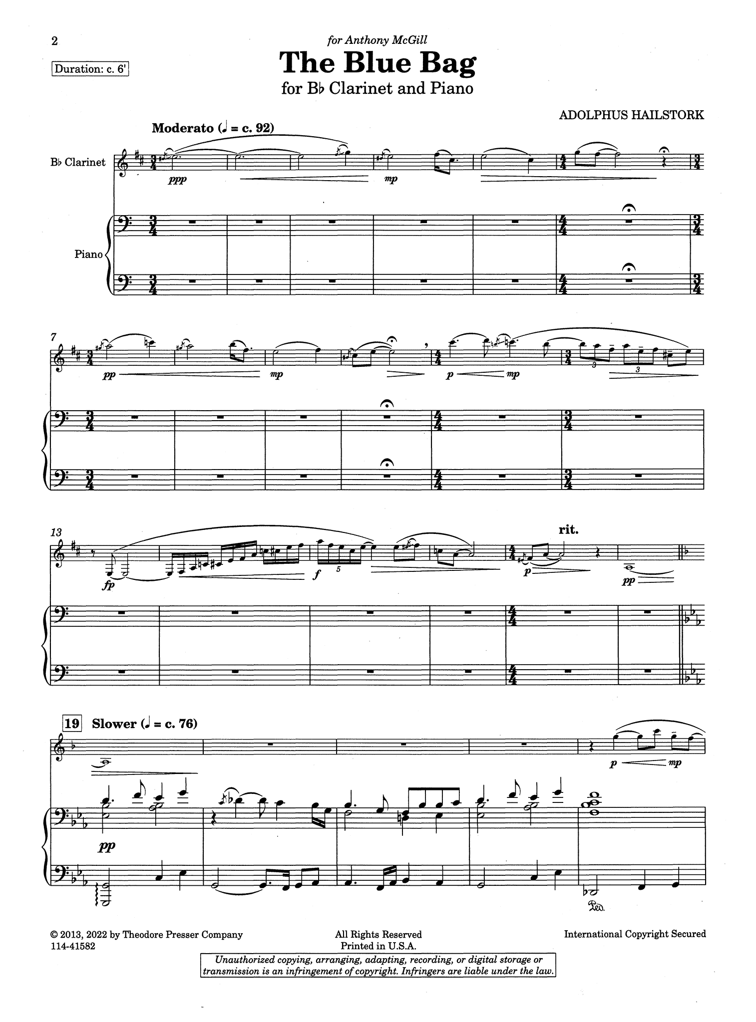 Hailstork The Blue Bag clarinet and piano score