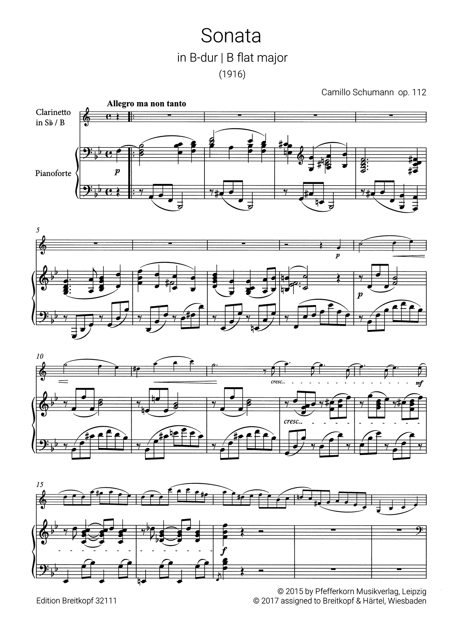Camillo Schumann Sonata No. 1 in B-flat Major, Op. 112 clarinet & piano - Movement 1