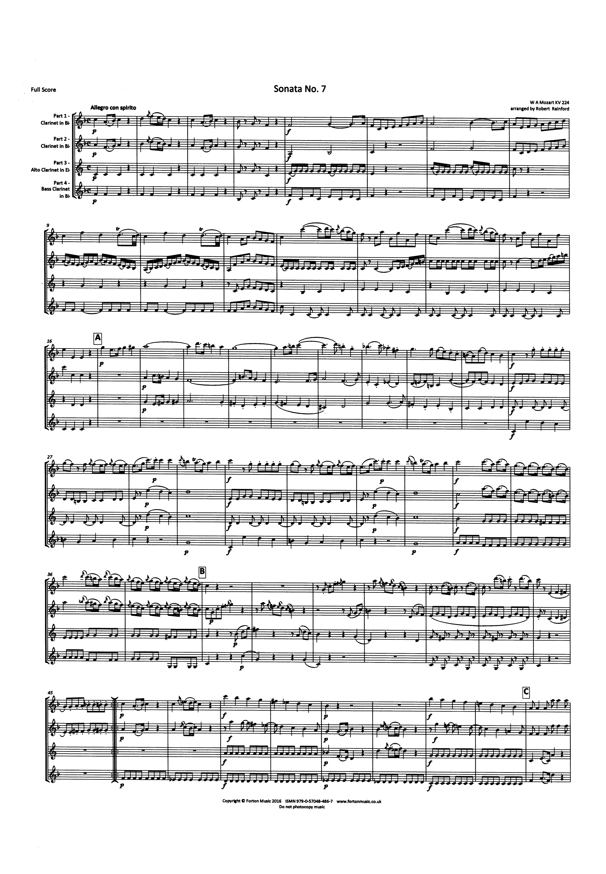 Mozart Church Sonata No. 7 Clarinet quartet arrangement 