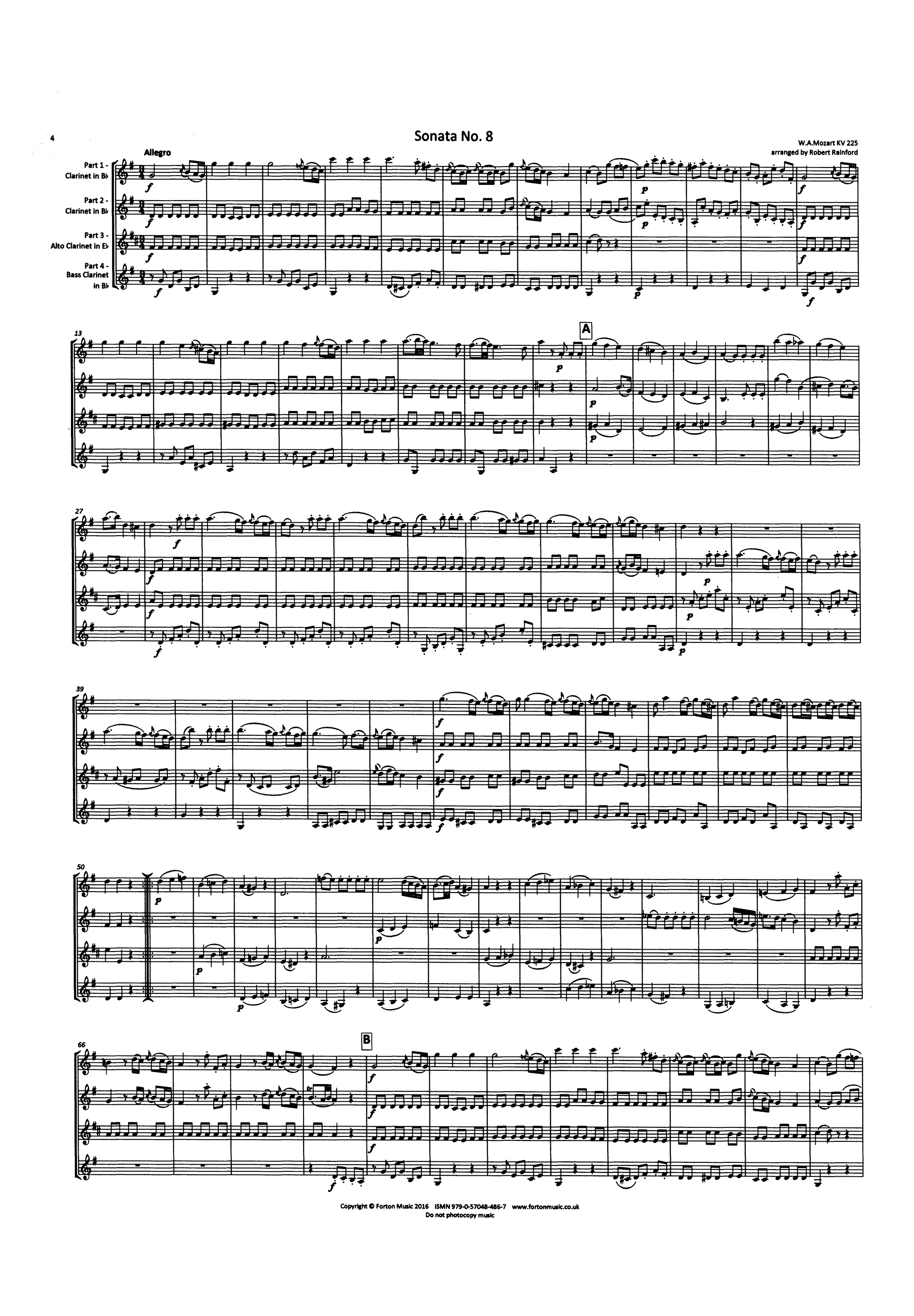 Mozart Church Sonata No. 8 Clarinet quartet arrangement 