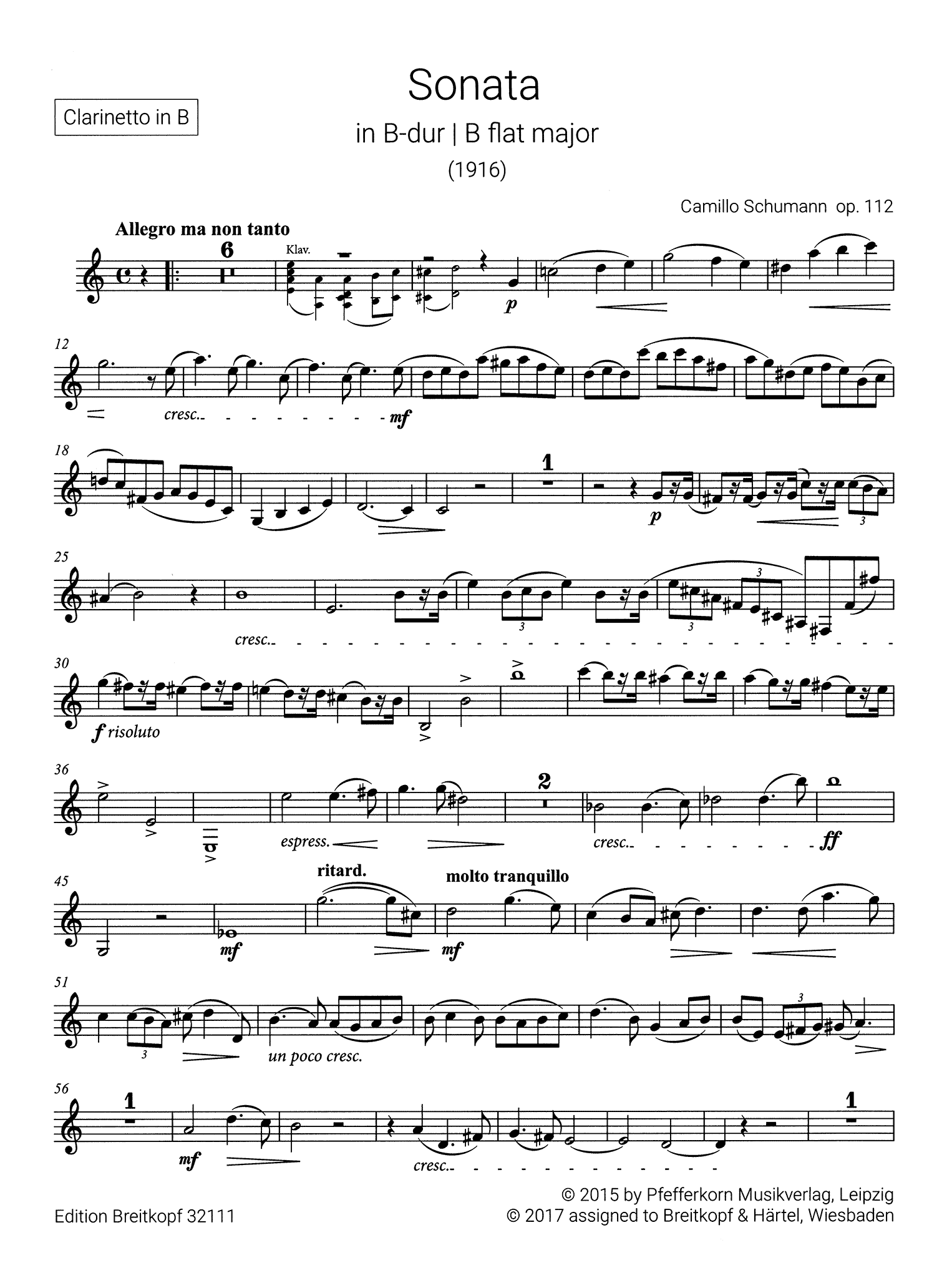 Camillo Schumann Sonata No. 1 in B-flat Major, Op. 112 clarinet & piano solo part