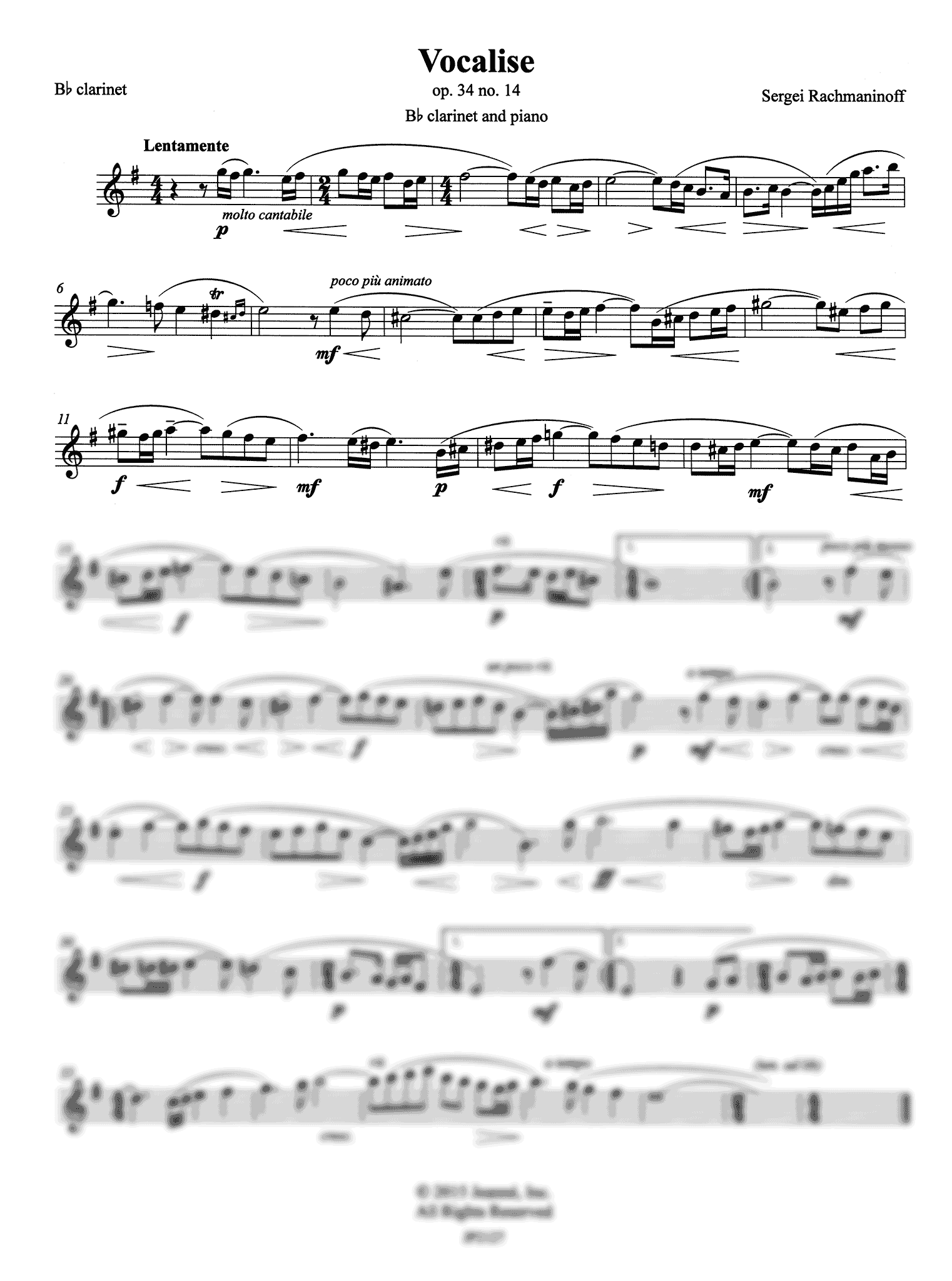 Rachmaninoff Vocalise Op. 34 No. 14 B-flat Clarinet part