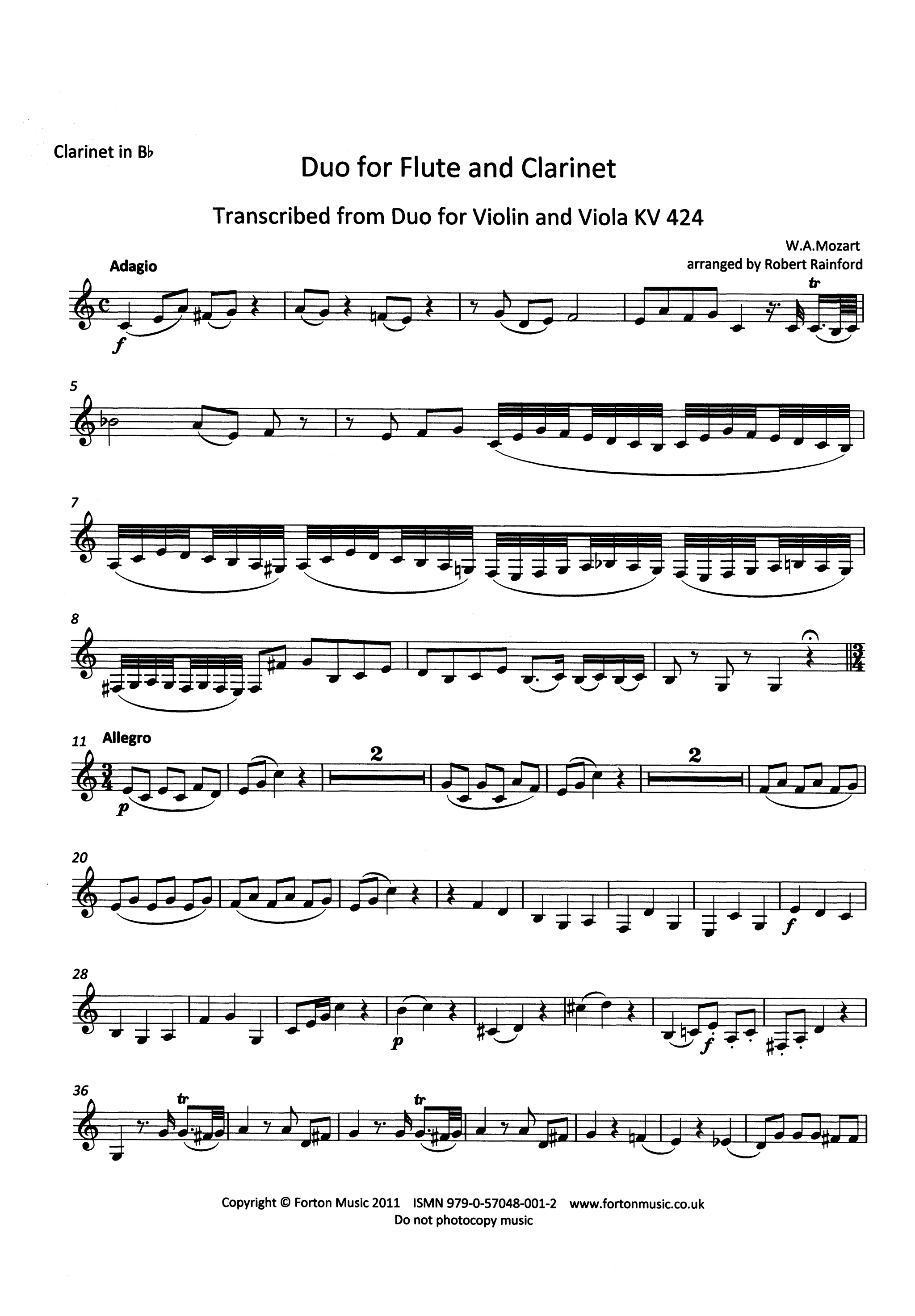 Mozart Duo No. 2, K. 424 flute and clarinet arrangement clarinet part movement 1