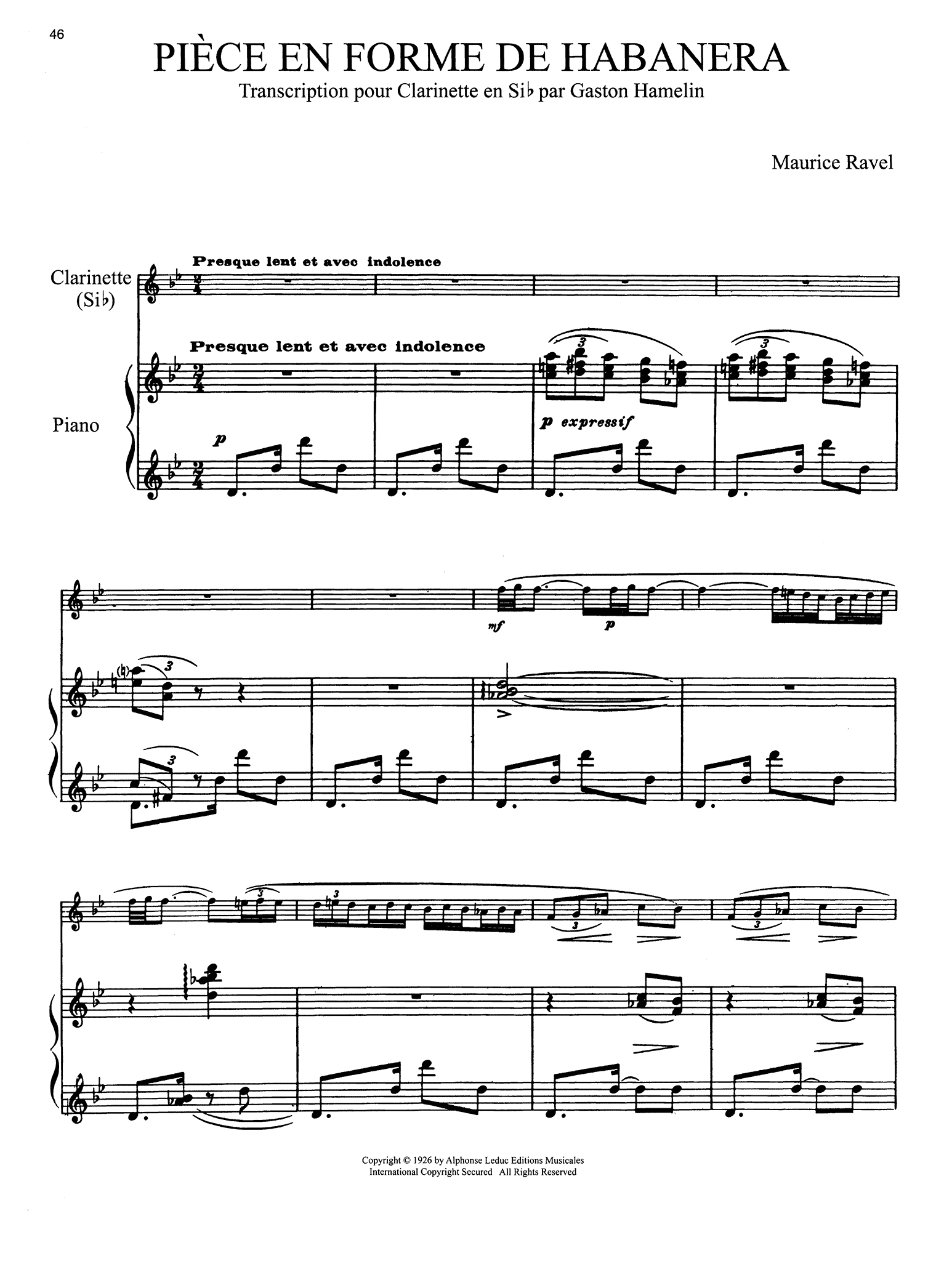 Ravel Piece en forme de habanera Score