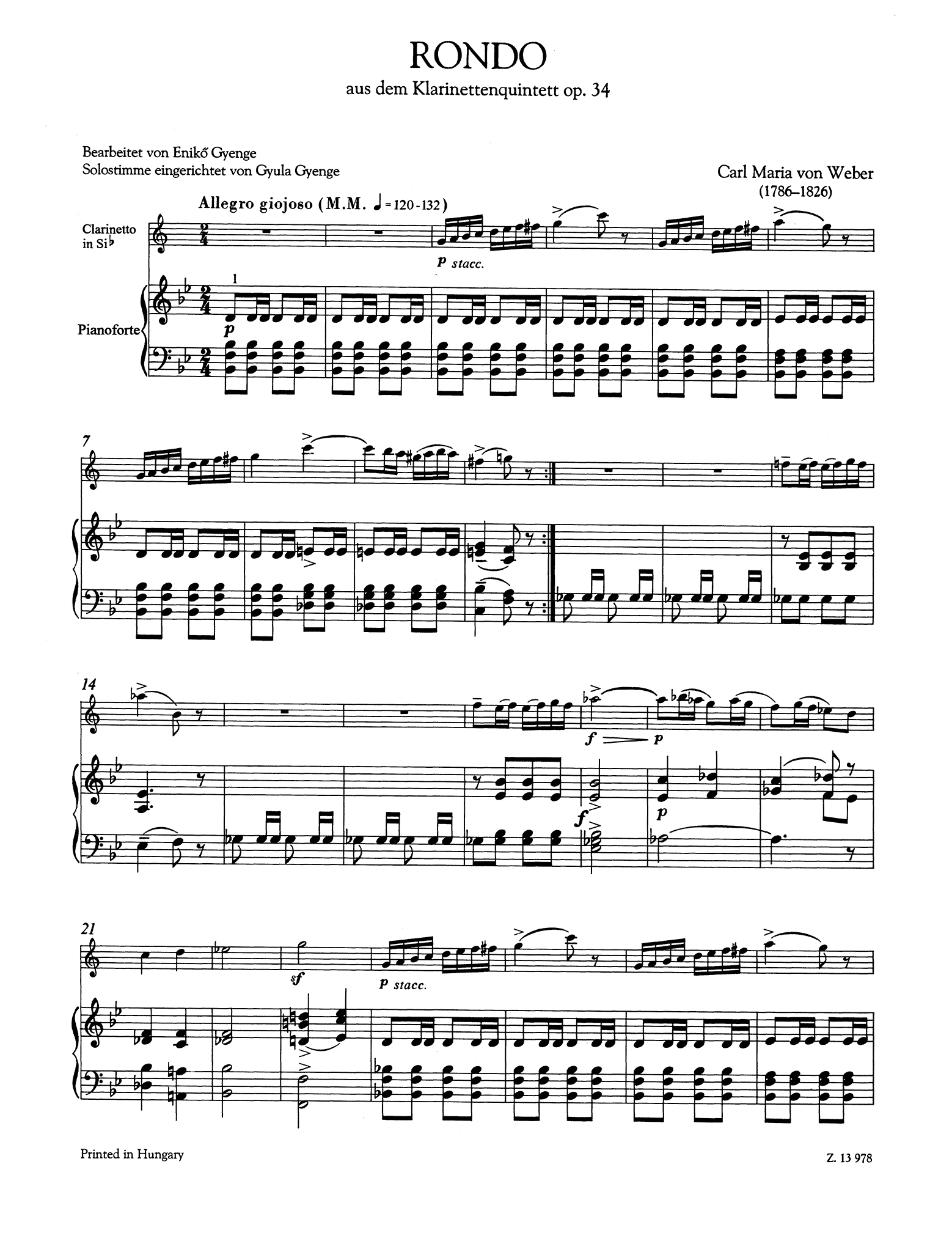 Weber Rondo, from Clarinet Quintet, Op. 34 piano reduction score