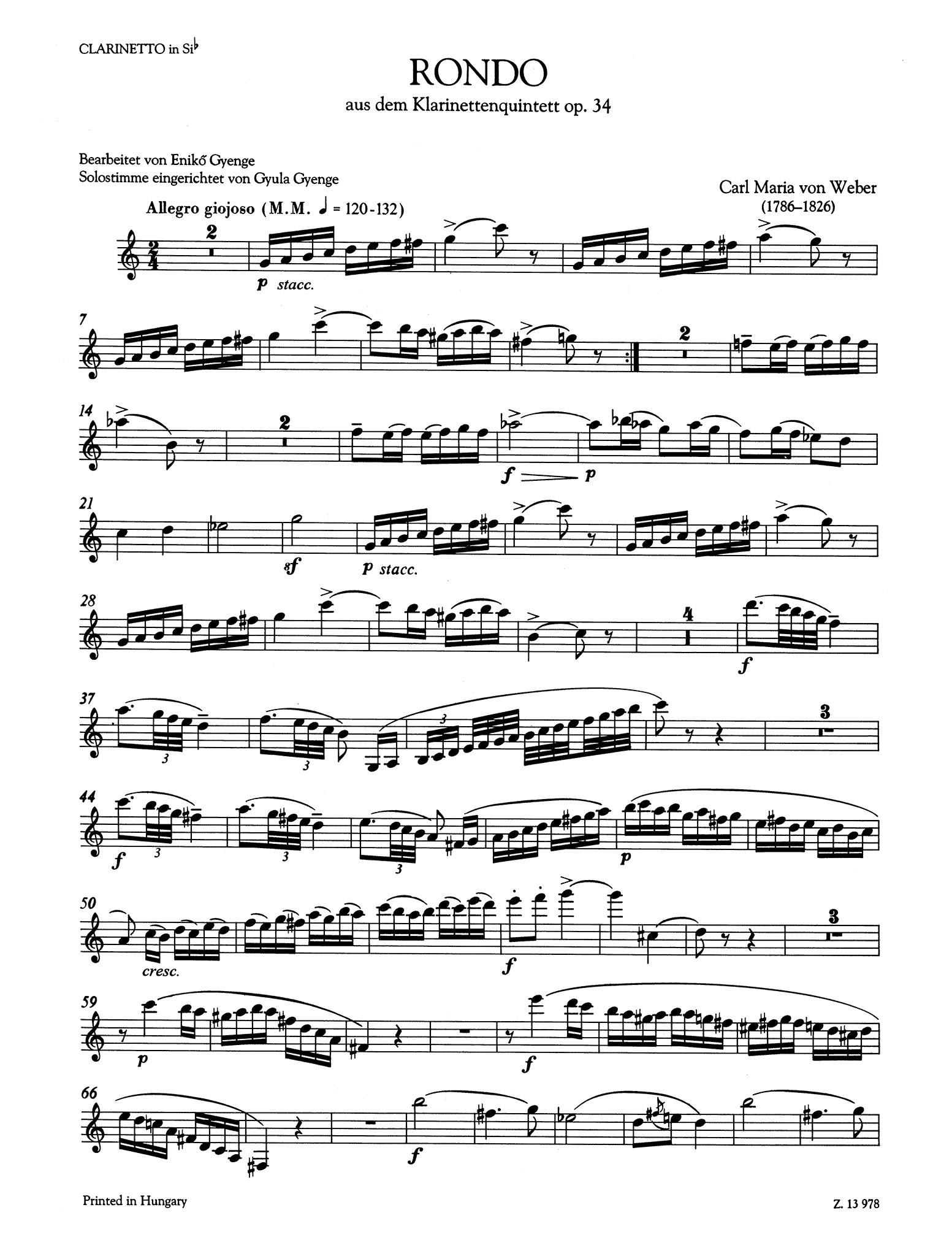 Weber Rondo, from Quintet, Op. 34 piano reduction clarinet part