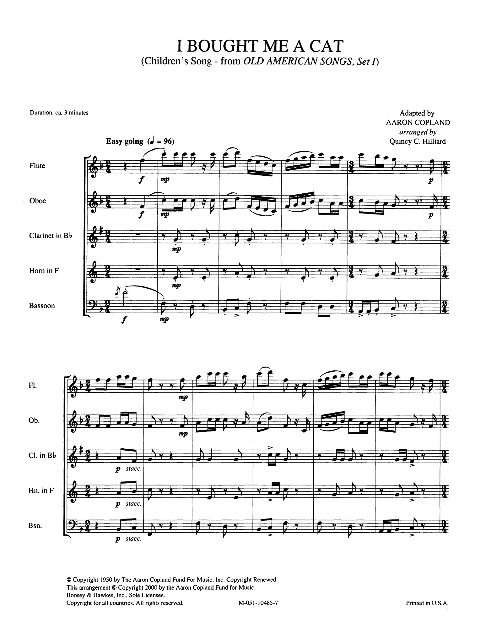 Copland I Bought Me A Cat, from Old American Songs, Set I wind quintet arrangement score