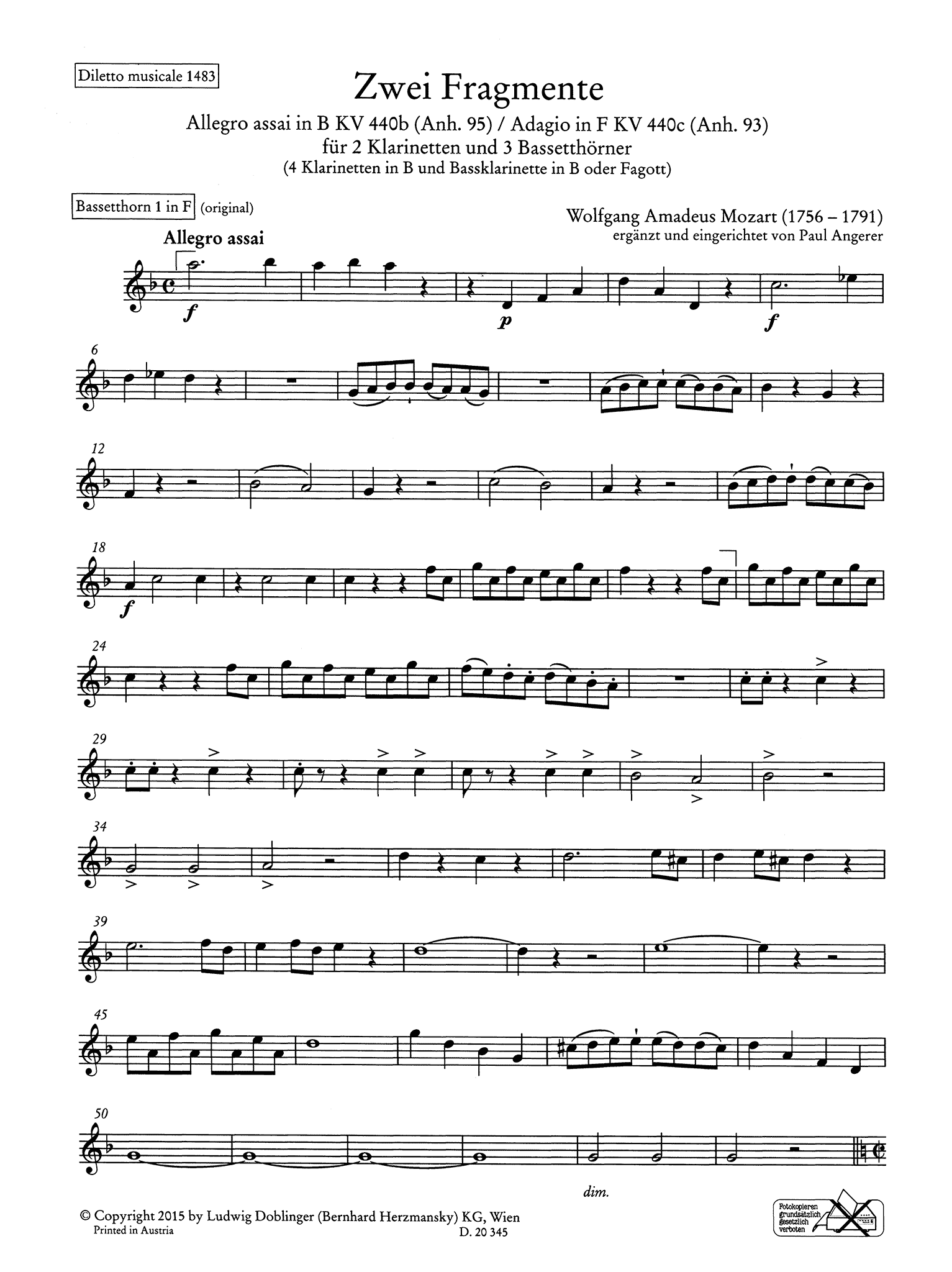 Mozart Angerer Fantasia on Two Fragments KV 440b (Anh. 95) & KV 440c (Anh. 93) basset horn part