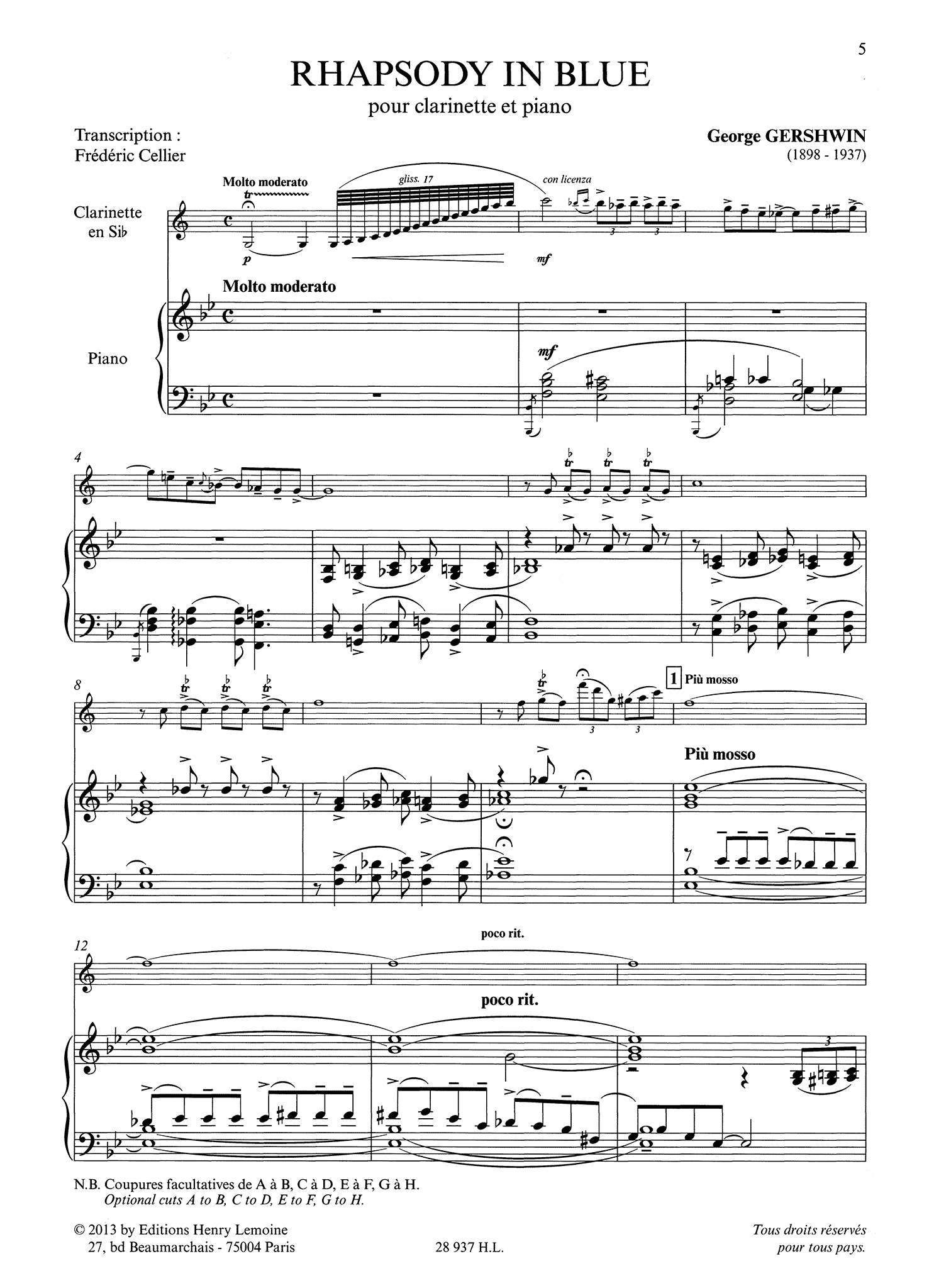 Gershwin Rhapsody in Blue clarinet and piano Cellier arrangement score