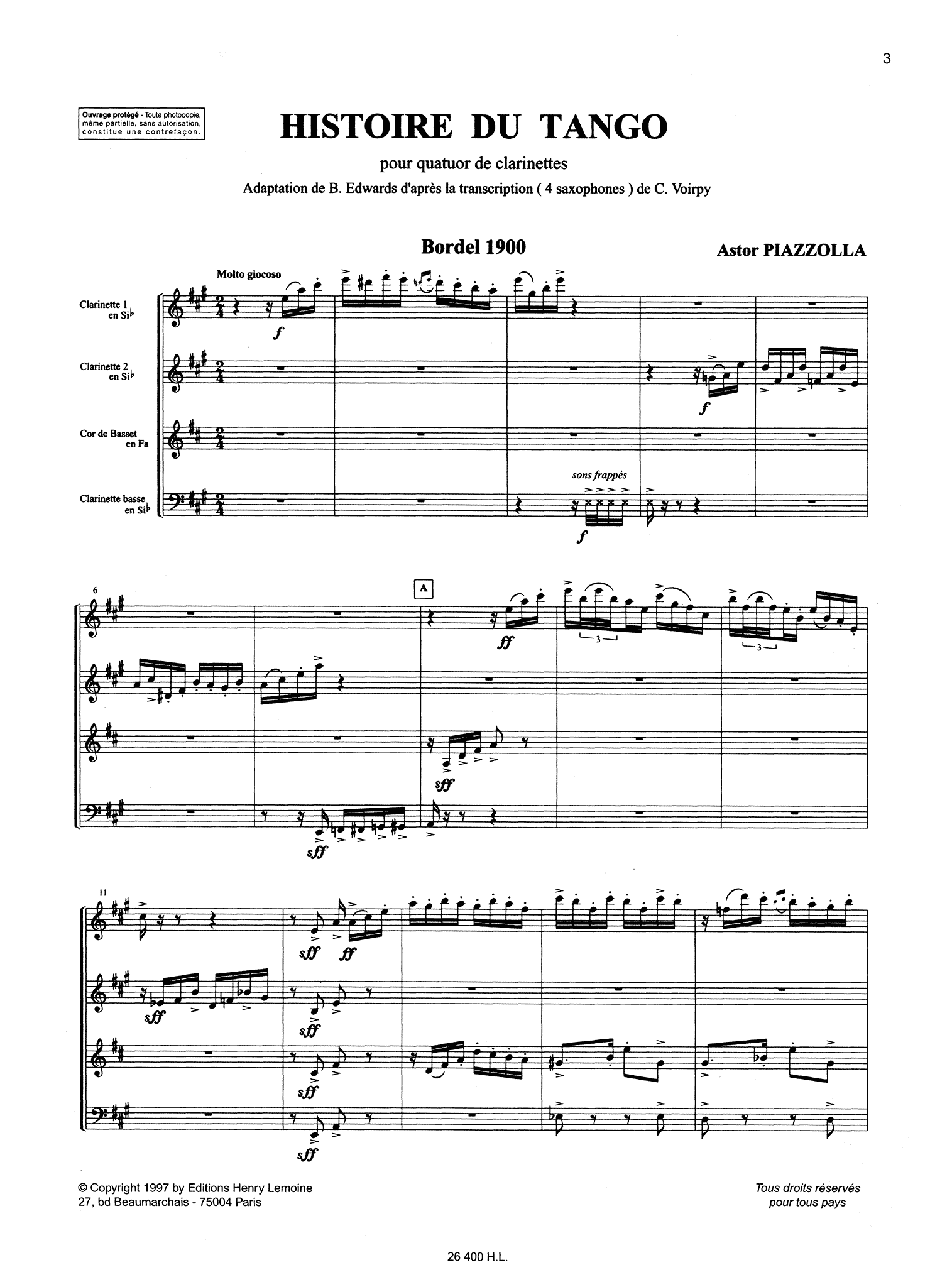 Piazzolla Histoire du Tango clarinet quartet arrangement - Movement 1