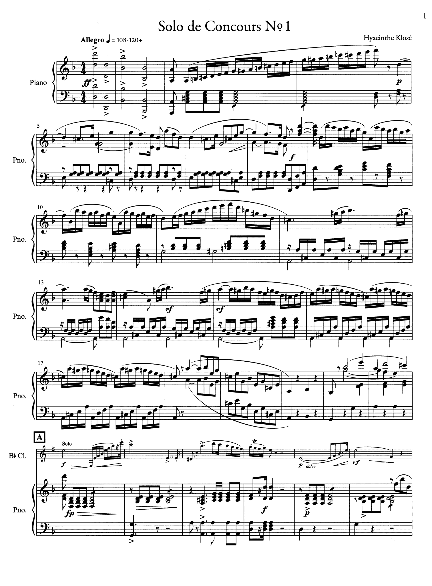 Klosé Solo de concours No. 1, Op. 9 clarinet and piano score