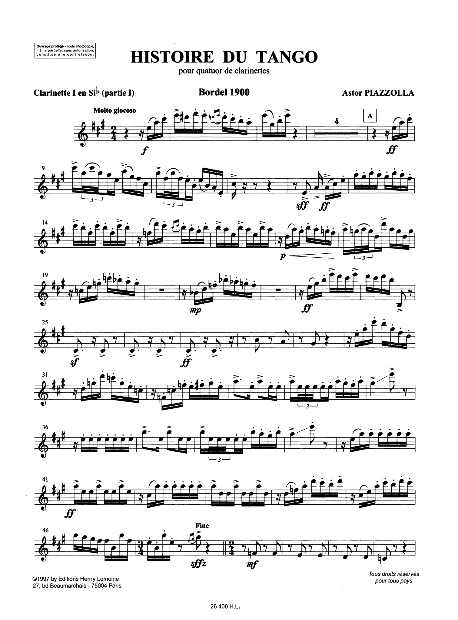 Piazzolla Histoire du Tango clarinet quartet arrangement Clarinet 1 part