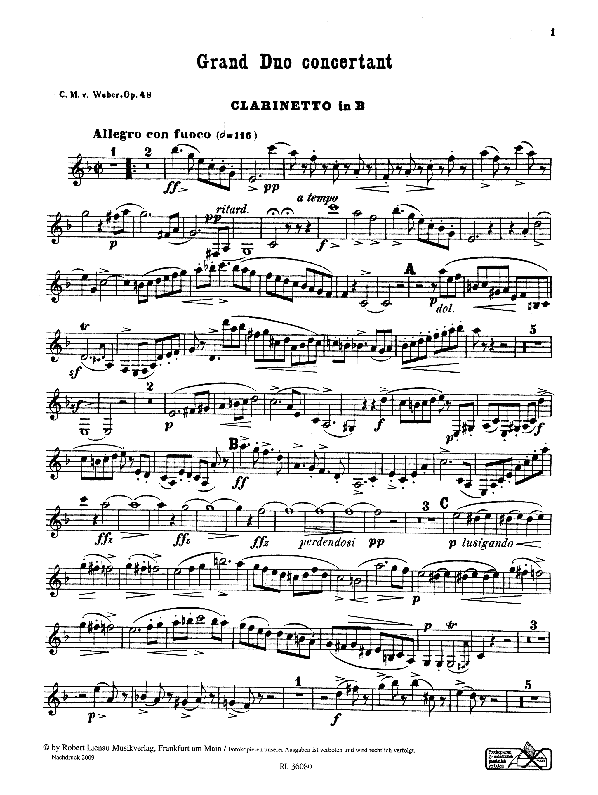 Weber Grand Duo Concertant, Op. 48, edited by Baermann Rober Lienau