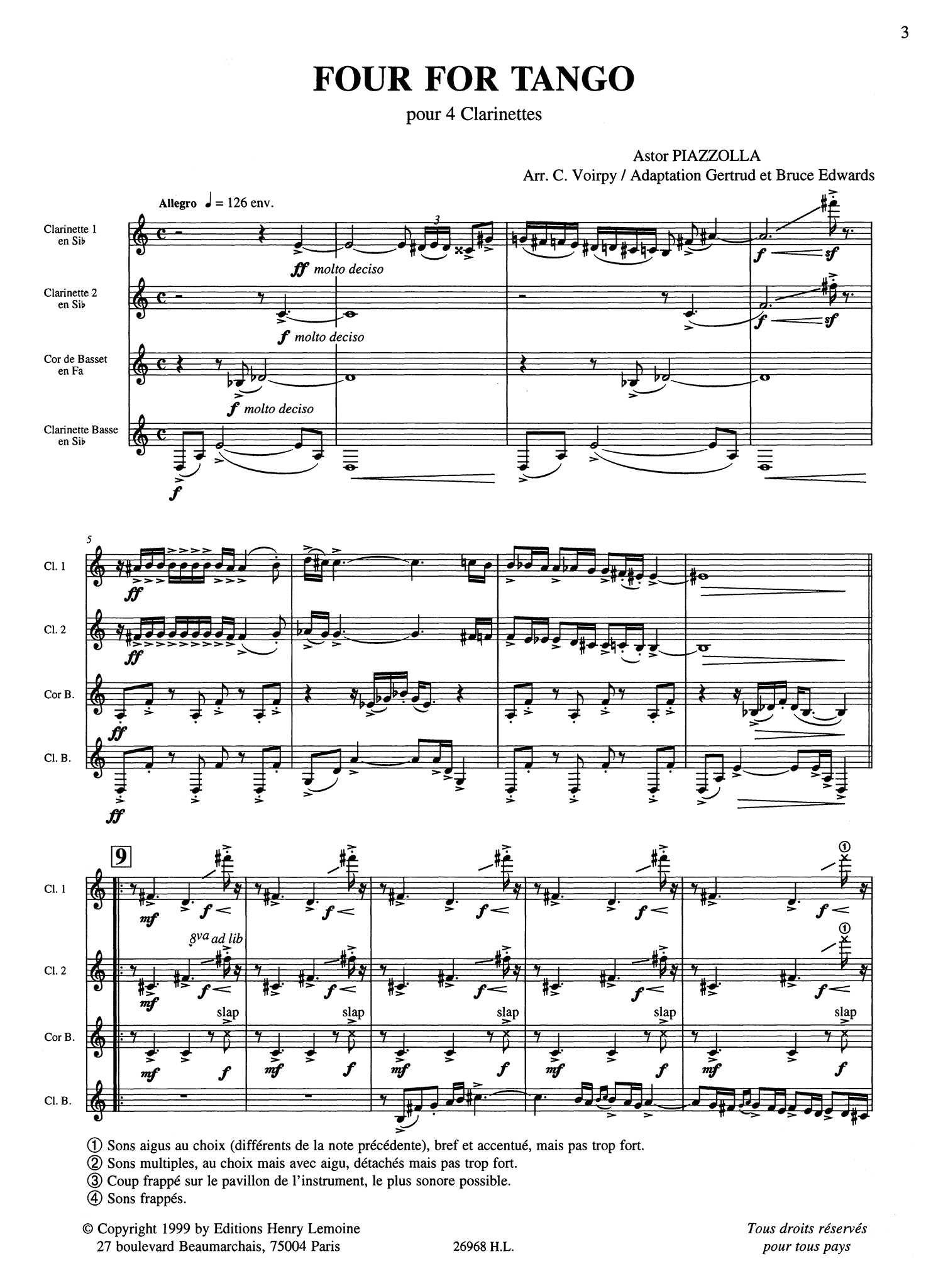 Piazzolla Four, for Tango clarinet quartet arrangement score
