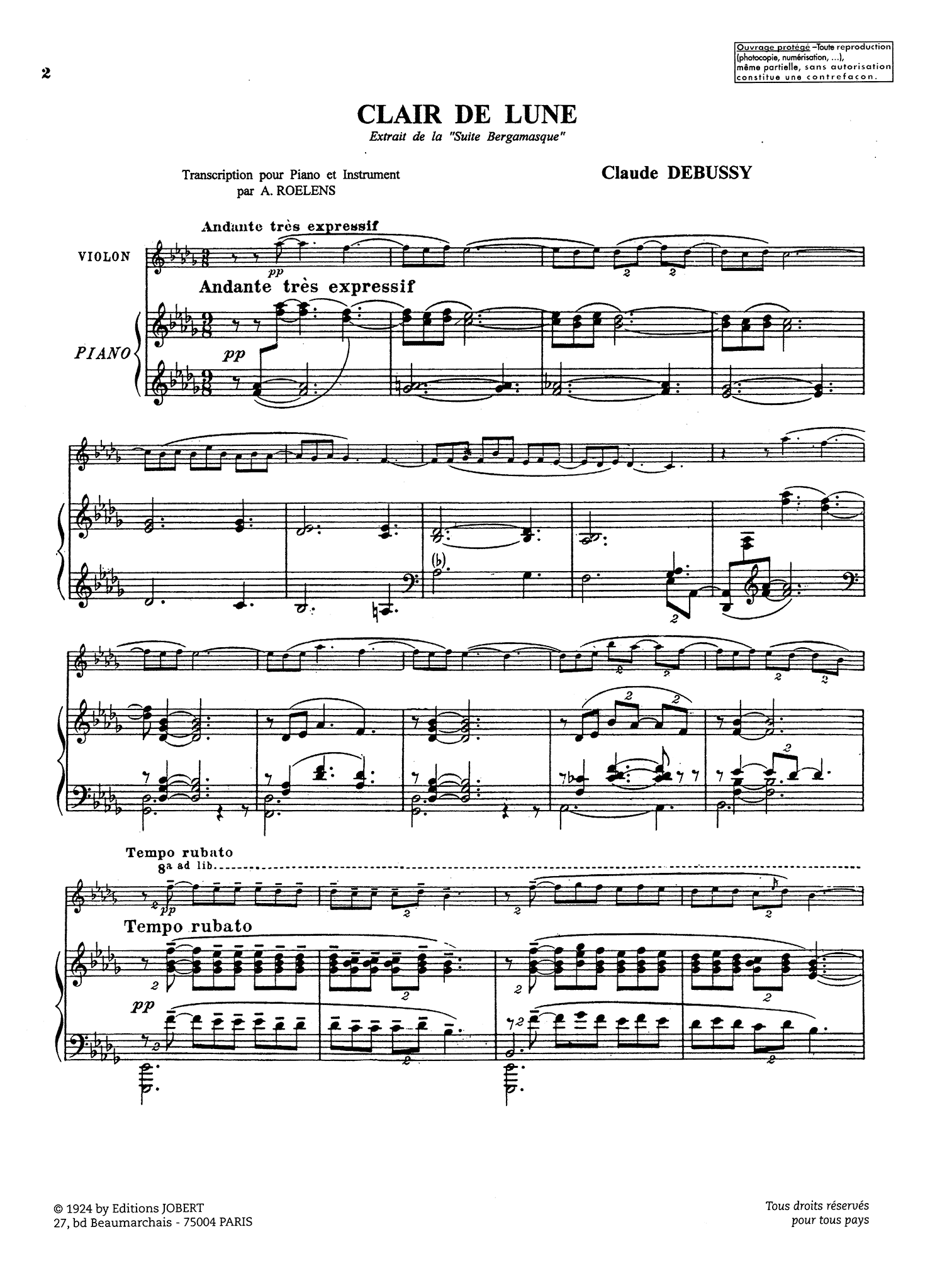 Debussy Clair de lune, from Suite bergamasque clarinet and piano arrangement score