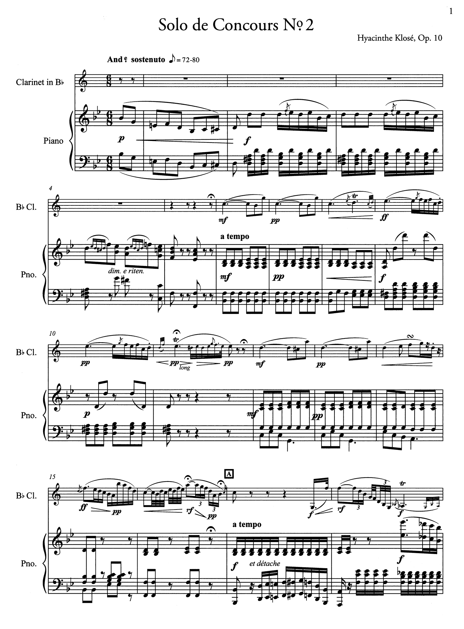 Klosé Solo de concours No. 2, Op. 10 clarinet and piano score