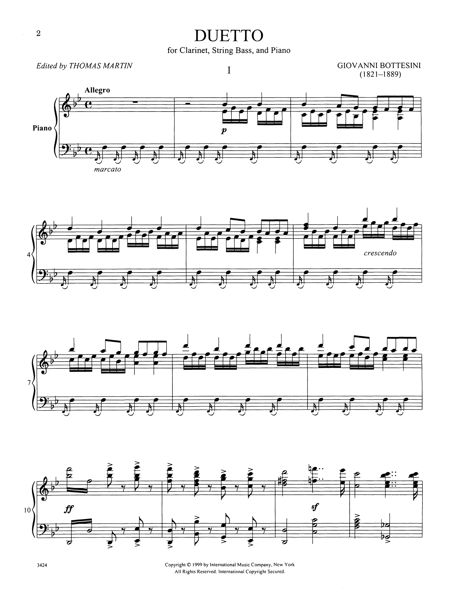 Bottesini Gran Duetto B-flat Clarinet String Bass Piano International score