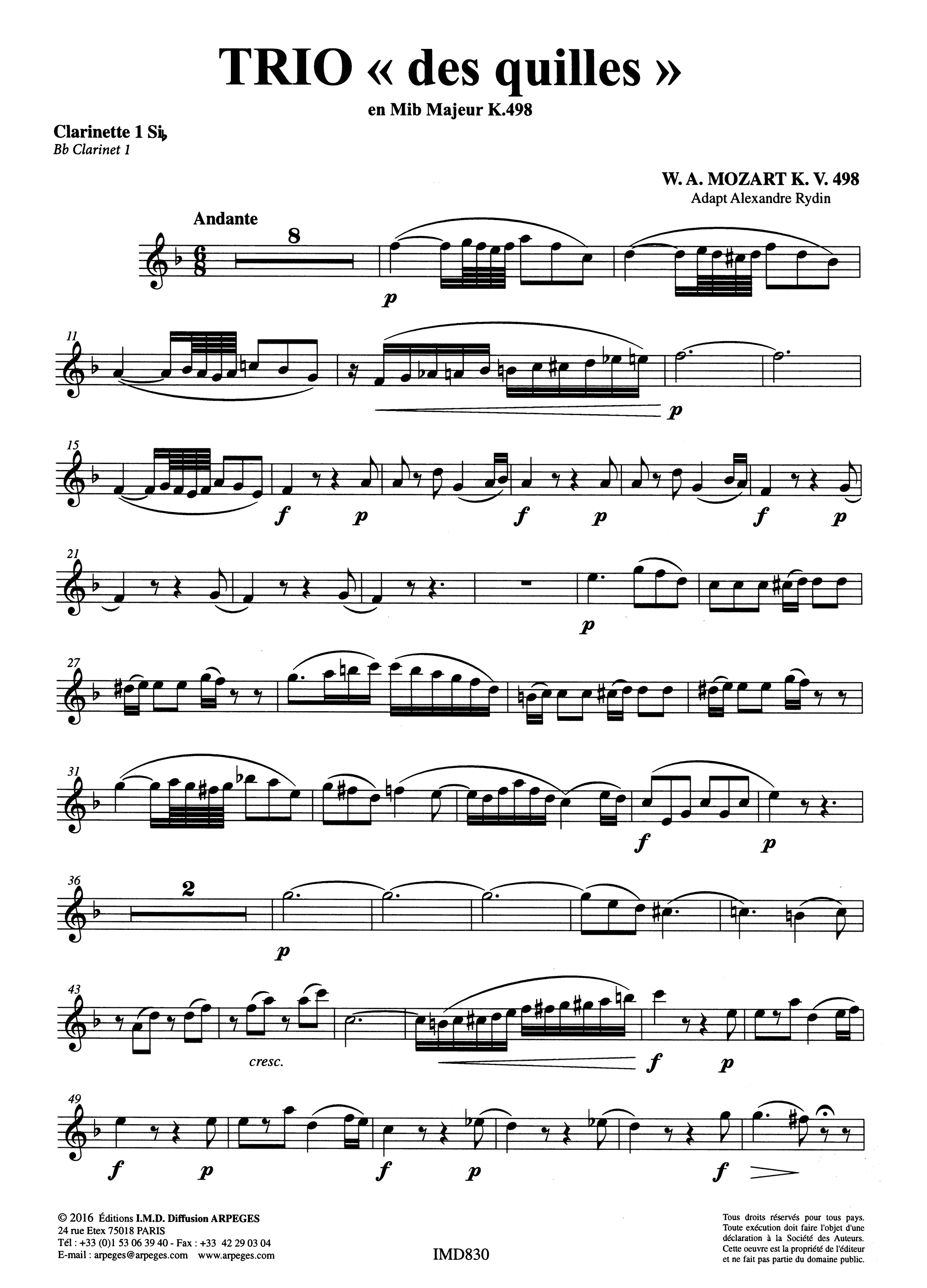 Mozart Kegelstatt Trio K. 498 arranged for 2 clarinets & piano first part